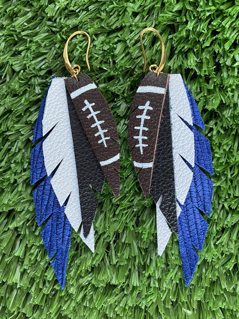 Feather Football Spirit Dangles ( Blue, Black, and White)-Earrings-Dear Me Southern Boutique, located in DeRidder, Louisiana