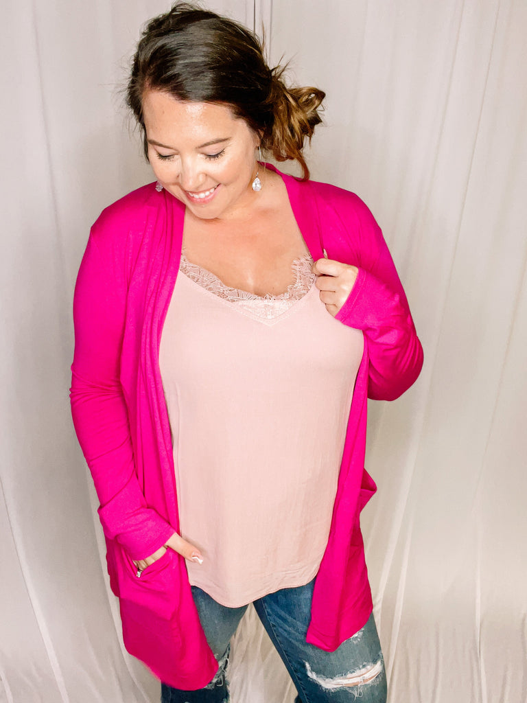 Solid Staple Cardigan - Magenta-Tops-Dear Me Southern Boutique, located in DeRidder, Louisiana