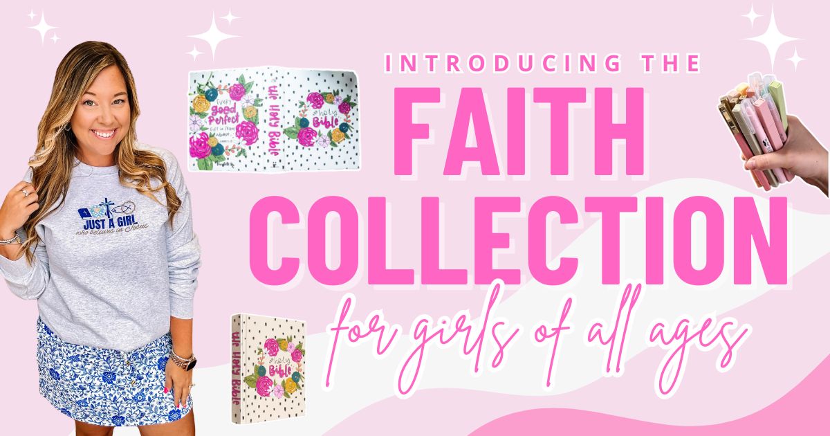 Promotional banner for 'Faith Collection' with a woman, products, and text on a pink background | Dear Me Southern Boutique | DeRidder, LA