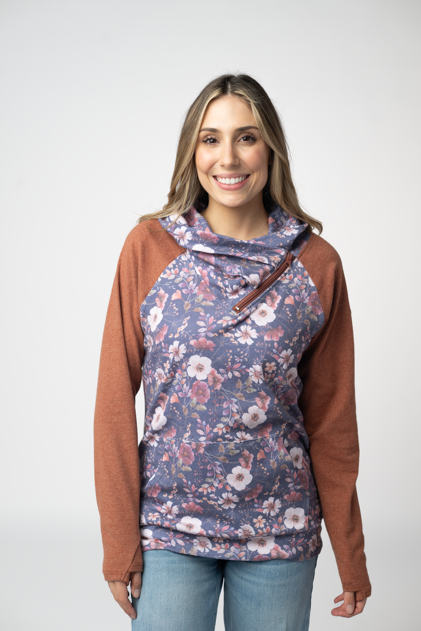 08.21 EN ROUTE Classic Zoey ZipCowl Sweatshirt - Blushwood Floral and Terra Cotta-Pullover-Dear Me Southern Boutique, located in DeRidder, Louisiana