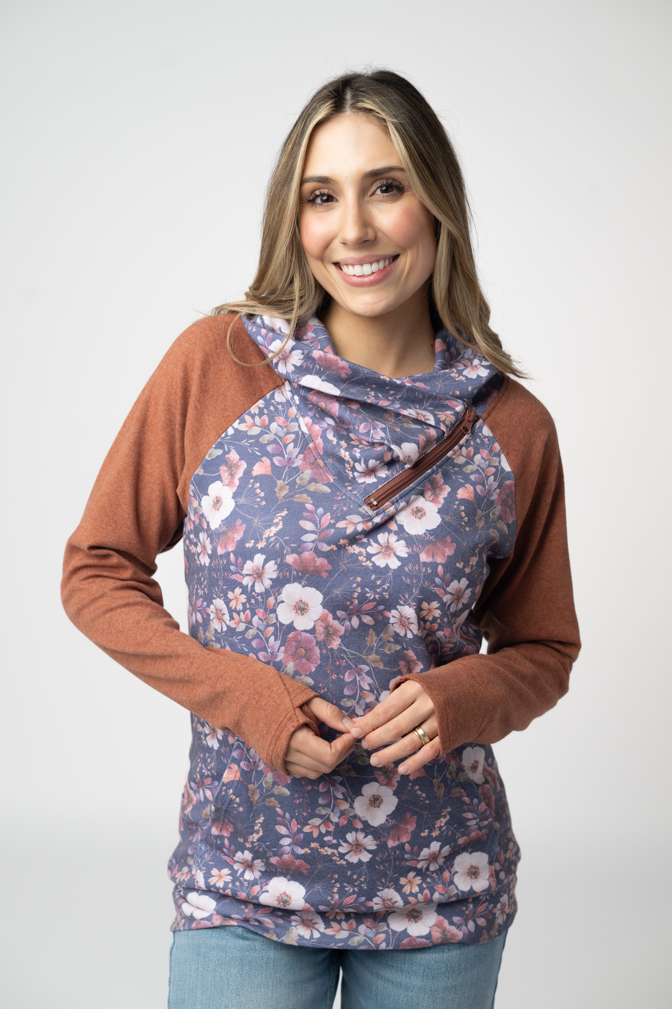 08.21 EN ROUTE Classic Zoey ZipCowl Sweatshirt - Blushwood Floral and Terra Cotta-Pullover-Dear Me Southern Boutique, located in DeRidder, Louisiana