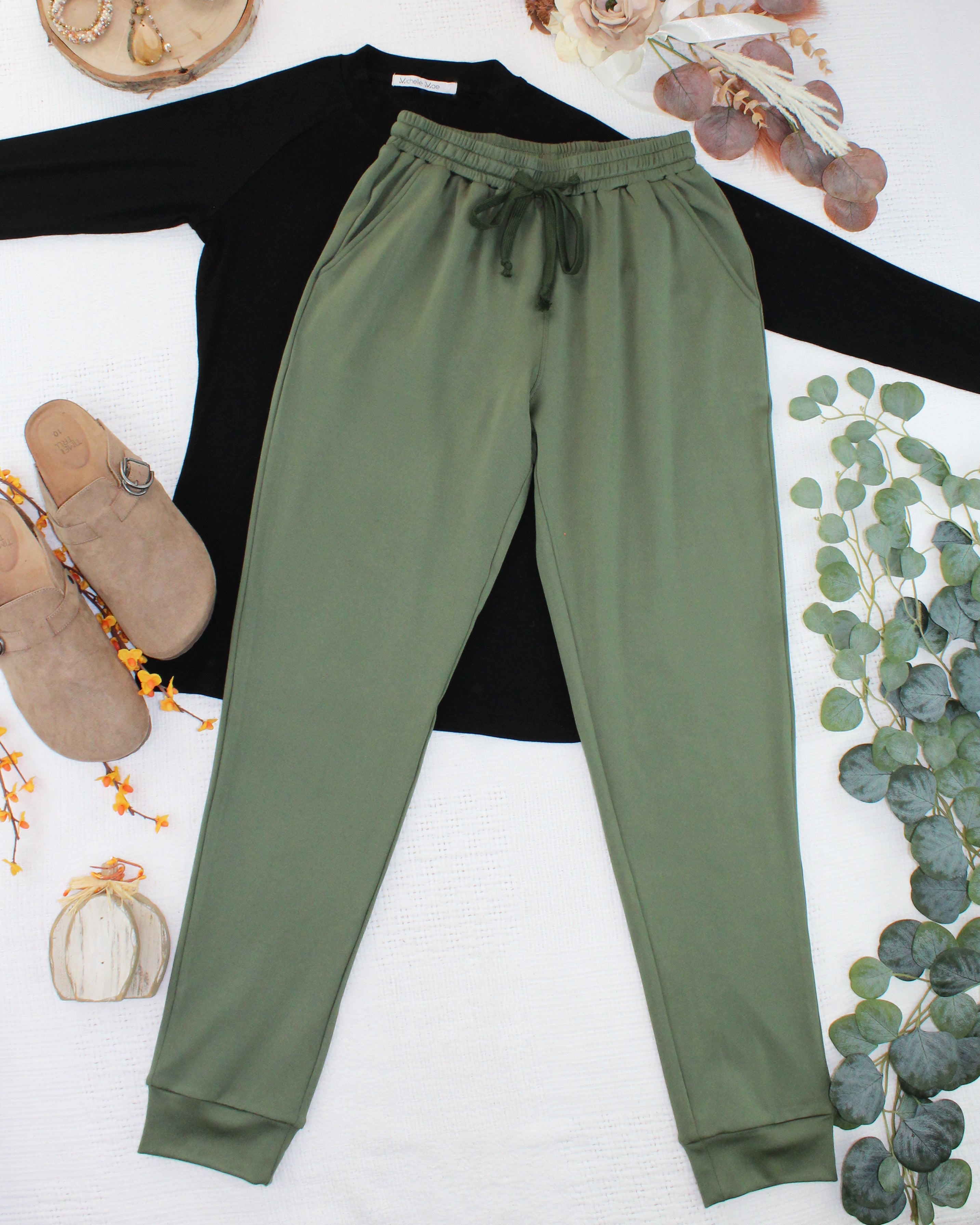 08.21 EN ROUTE Cloud Joggers - Olive-bottoms-Dear Me Southern Boutique, located in DeRidder, Louisiana