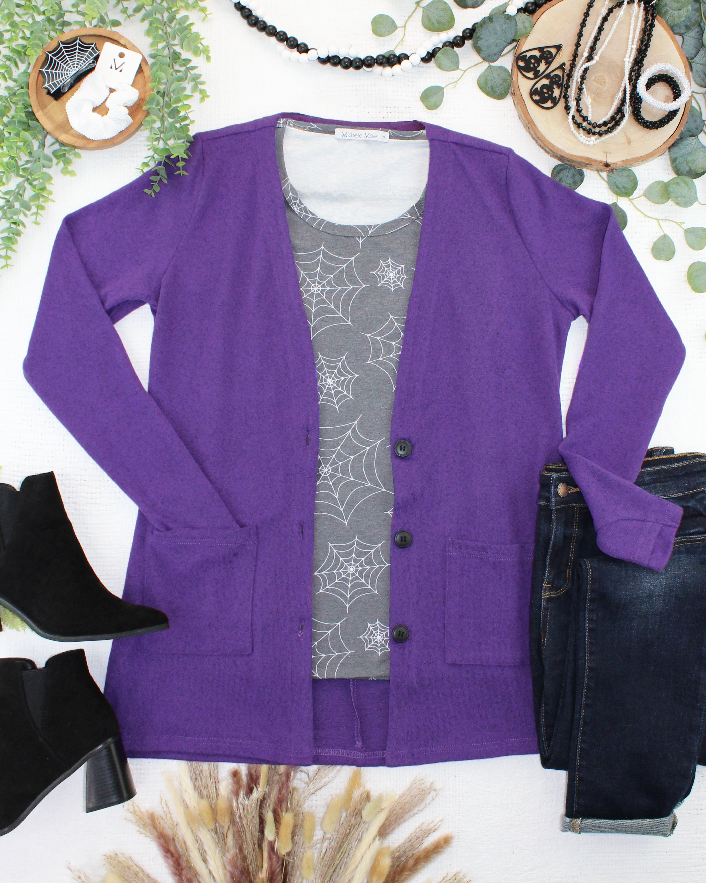 08.21 EN ROUTE Cori Cardigan - Heathered Purple-Cardigan-Dear Me Southern Boutique, located in DeRidder, Louisiana