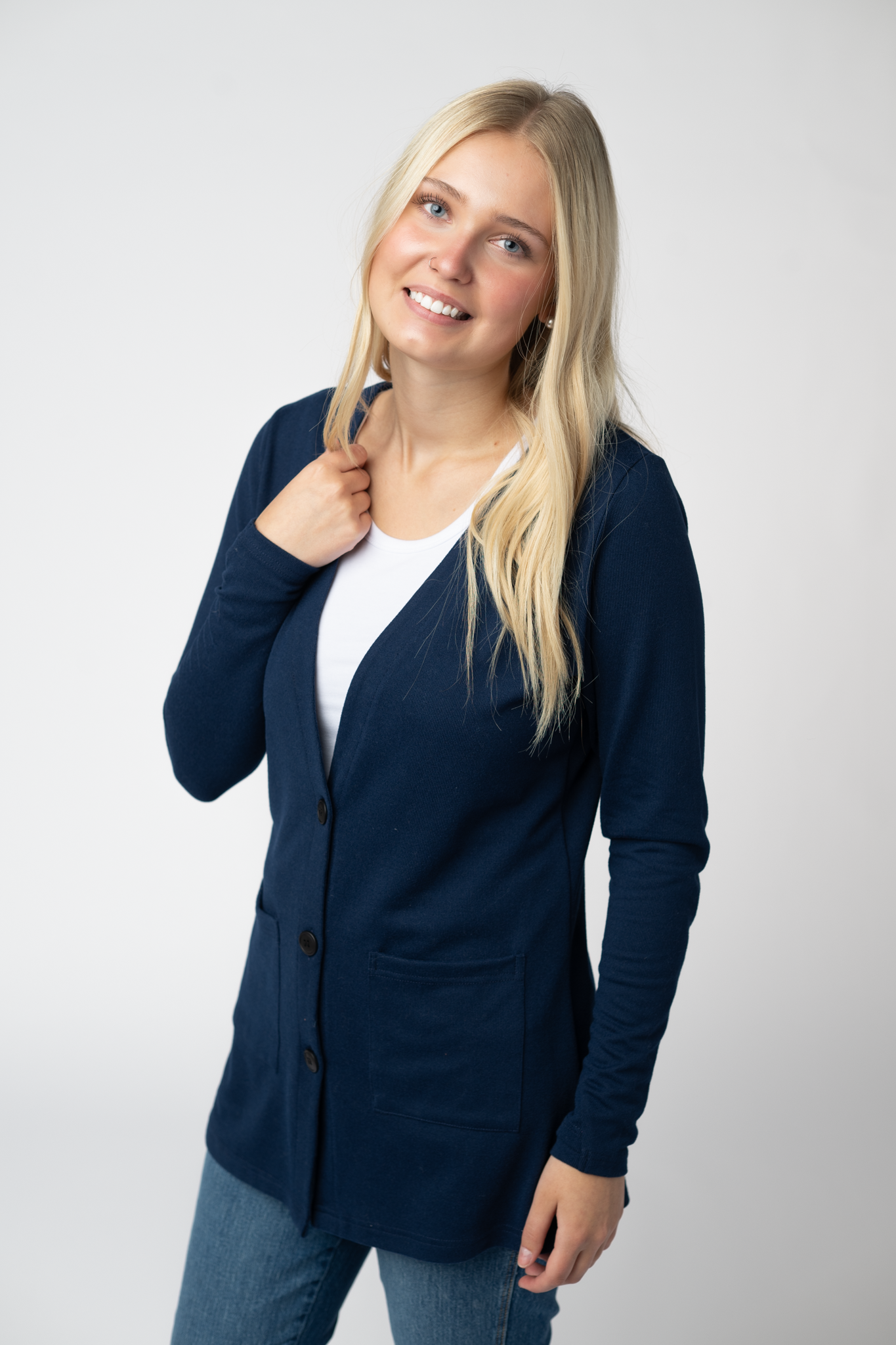 08.21 EN ROUTE Cori Cardigan - Navy-Cardigan-Dear Me Southern Boutique, located in DeRidder, Louisiana
