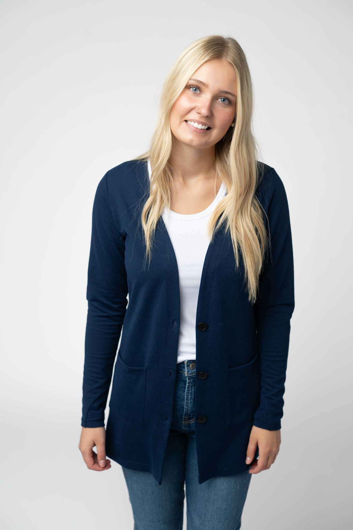08.21 EN ROUTE Cori Cardigan - Navy-Cardigan-Dear Me Southern Boutique, located in DeRidder, Louisiana