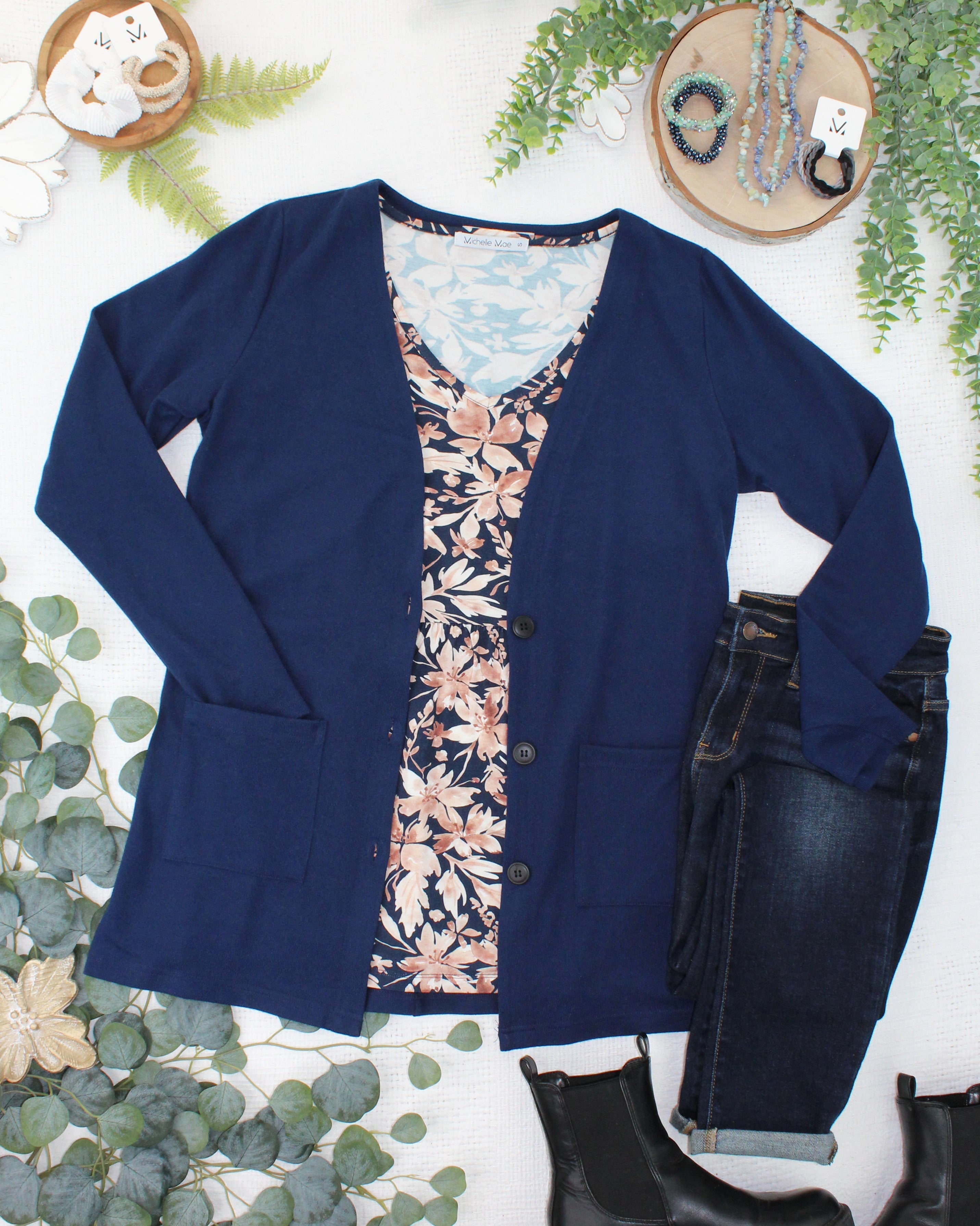 08.21 EN ROUTE Cori Cardigan - Navy-Cardigan-Dear Me Southern Boutique, located in DeRidder, Louisiana