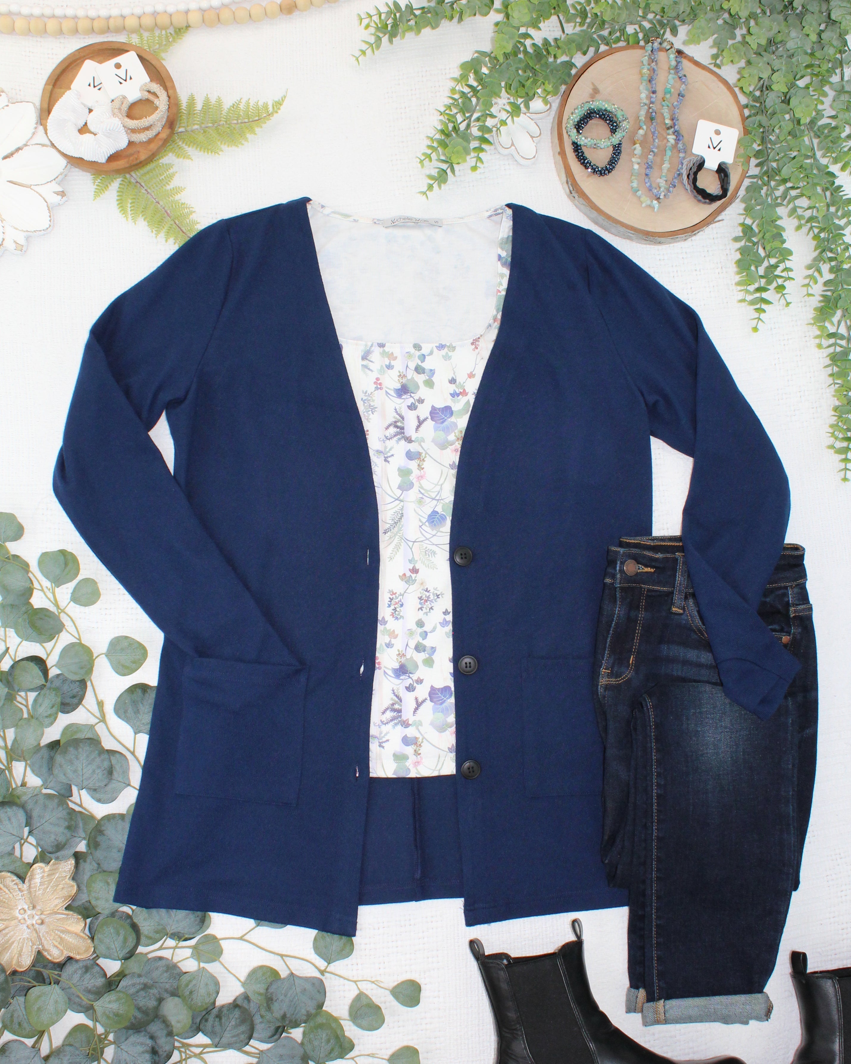 08.21 EN ROUTE Cori Cardigan - Navy-Cardigan-Dear Me Southern Boutique, located in DeRidder, Louisiana