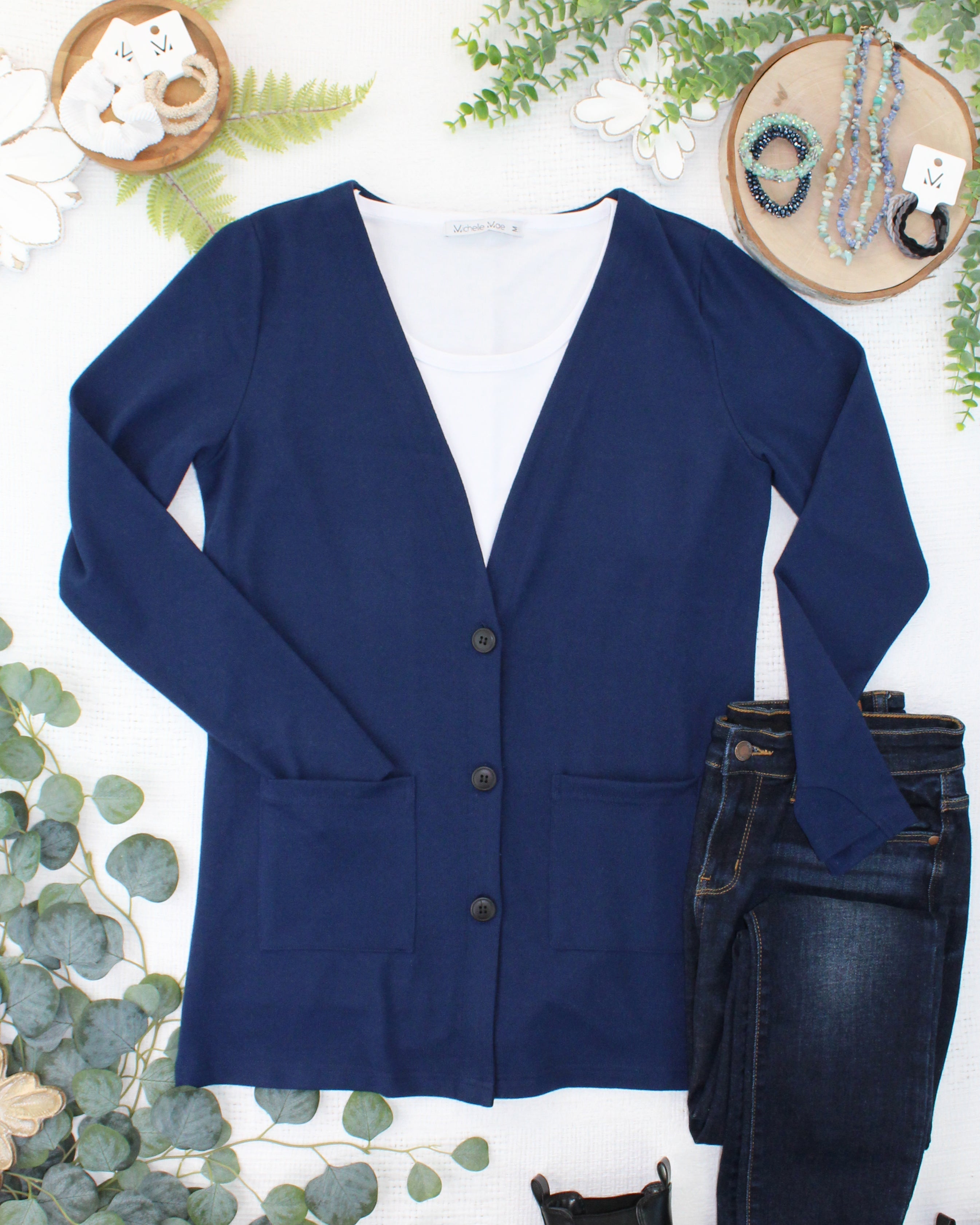 08.21 EN ROUTE Cori Cardigan - Navy-Cardigan-Dear Me Southern Boutique, located in DeRidder, Louisiana