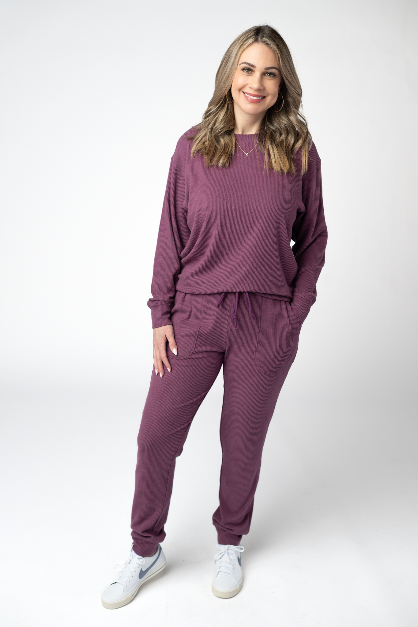 08.21 EN ROUTE Corrine Ribbed Pullover Top - Plum-Pullover-Dear Me Southern Boutique, located in DeRidder, Louisiana