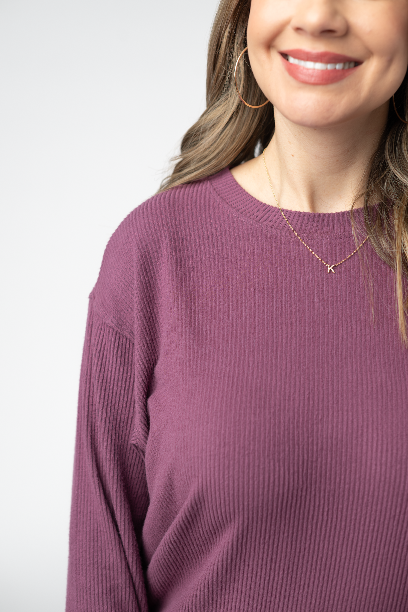 08.21 EN ROUTE Corrine Ribbed Pullover Top - Plum-Pullover-Dear Me Southern Boutique, located in DeRidder, Louisiana