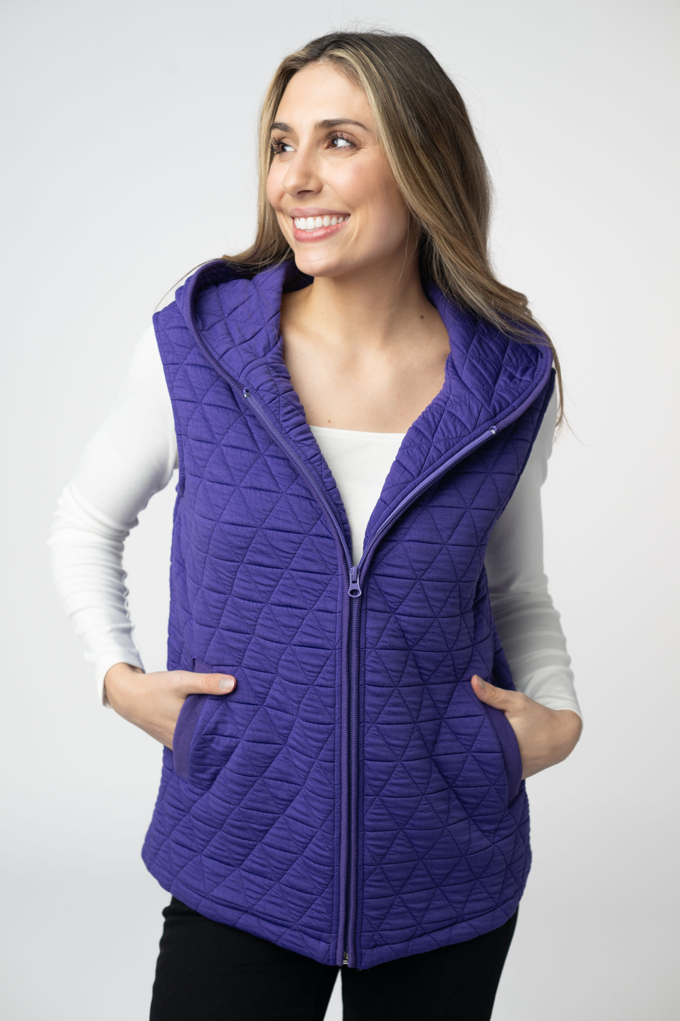 08.21 EN ROUTE Heather Geometric Hooded Vest - Purple-Vest-Dear Me Southern Boutique, located in DeRidder, Louisiana