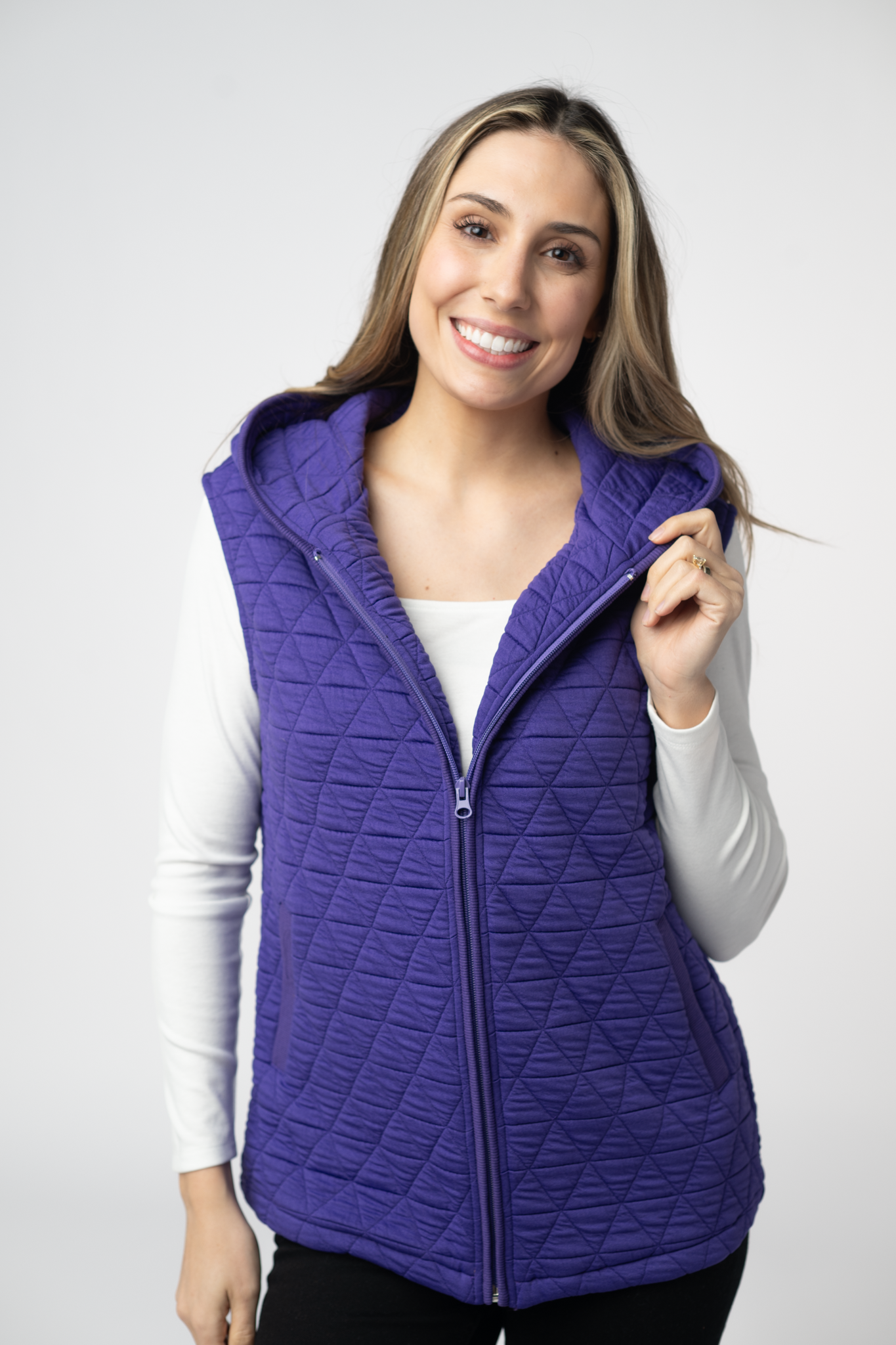 08.21 EN ROUTE Heather Geometric Hooded Vest - Purple-Vest-Dear Me Southern Boutique, located in DeRidder, Louisiana