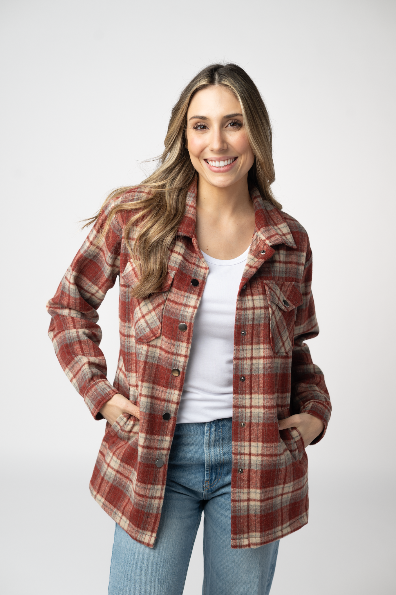 08.21 EN ROUTE Norah Shacket - Brick Plaid-shacket-Dear Me Southern Boutique, located in DeRidder, Louisiana