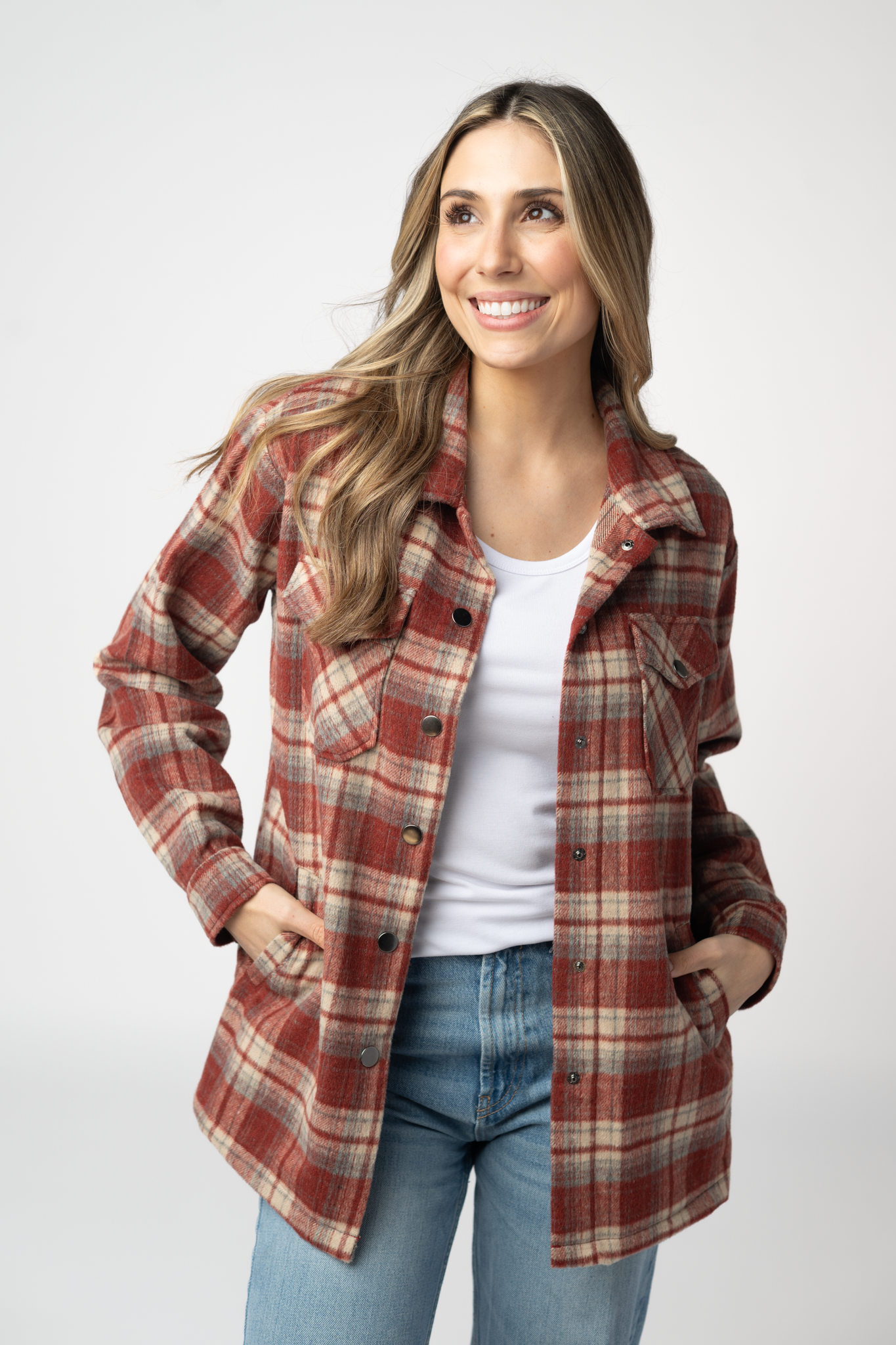 08.21 EN ROUTE Norah Shacket - Brick Plaid-shacket-Dear Me Southern Boutique, located in DeRidder, Louisiana