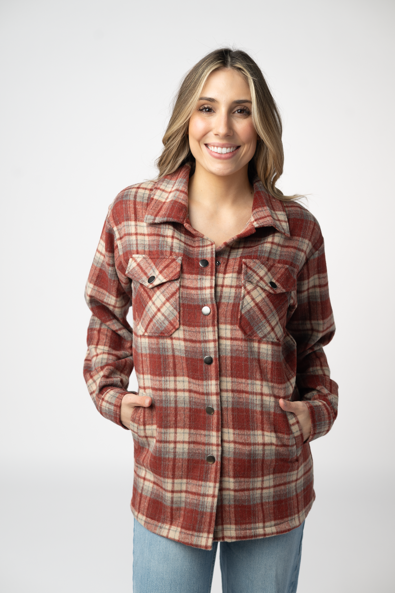 08.21 EN ROUTE Norah Shacket - Brick Plaid-shacket-Dear Me Southern Boutique, located in DeRidder, Louisiana