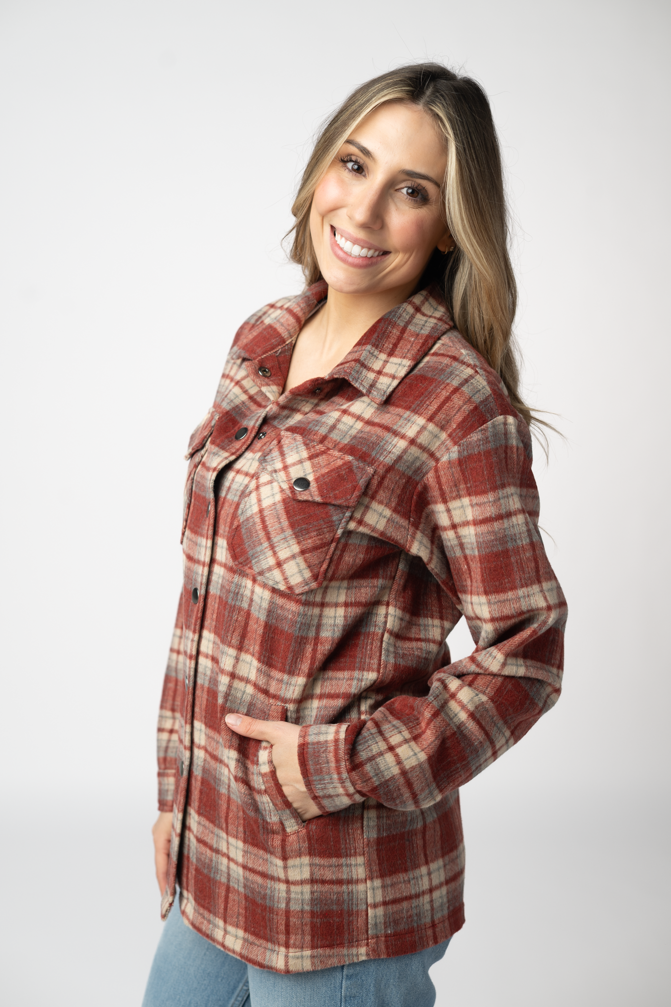 08.21 EN ROUTE Norah Shacket - Brick Plaid-shacket-Dear Me Southern Boutique, located in DeRidder, Louisiana