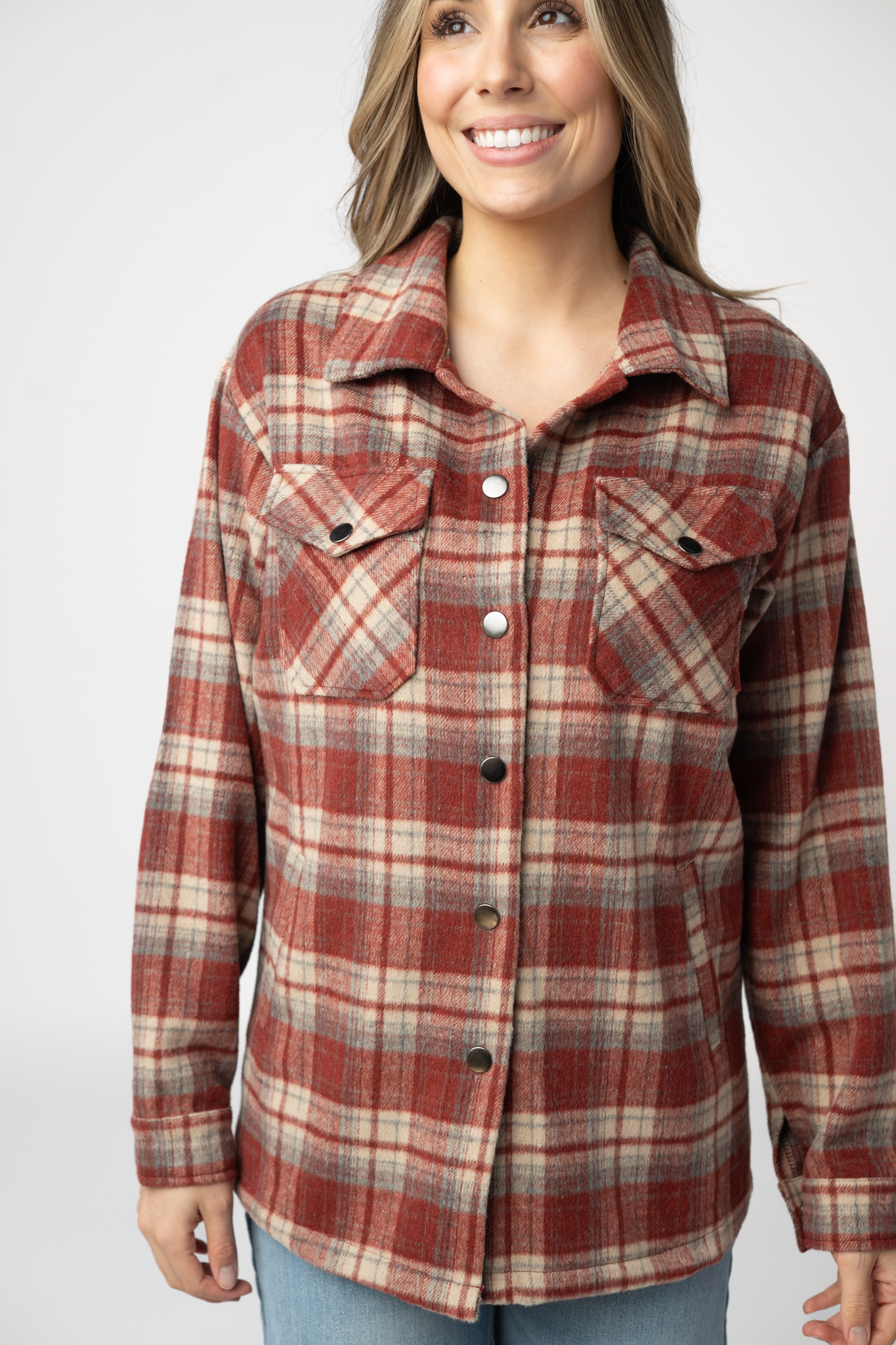 08.21 EN ROUTE Norah Shacket - Brick Plaid-shacket-Dear Me Southern Boutique, located in DeRidder, Louisiana
