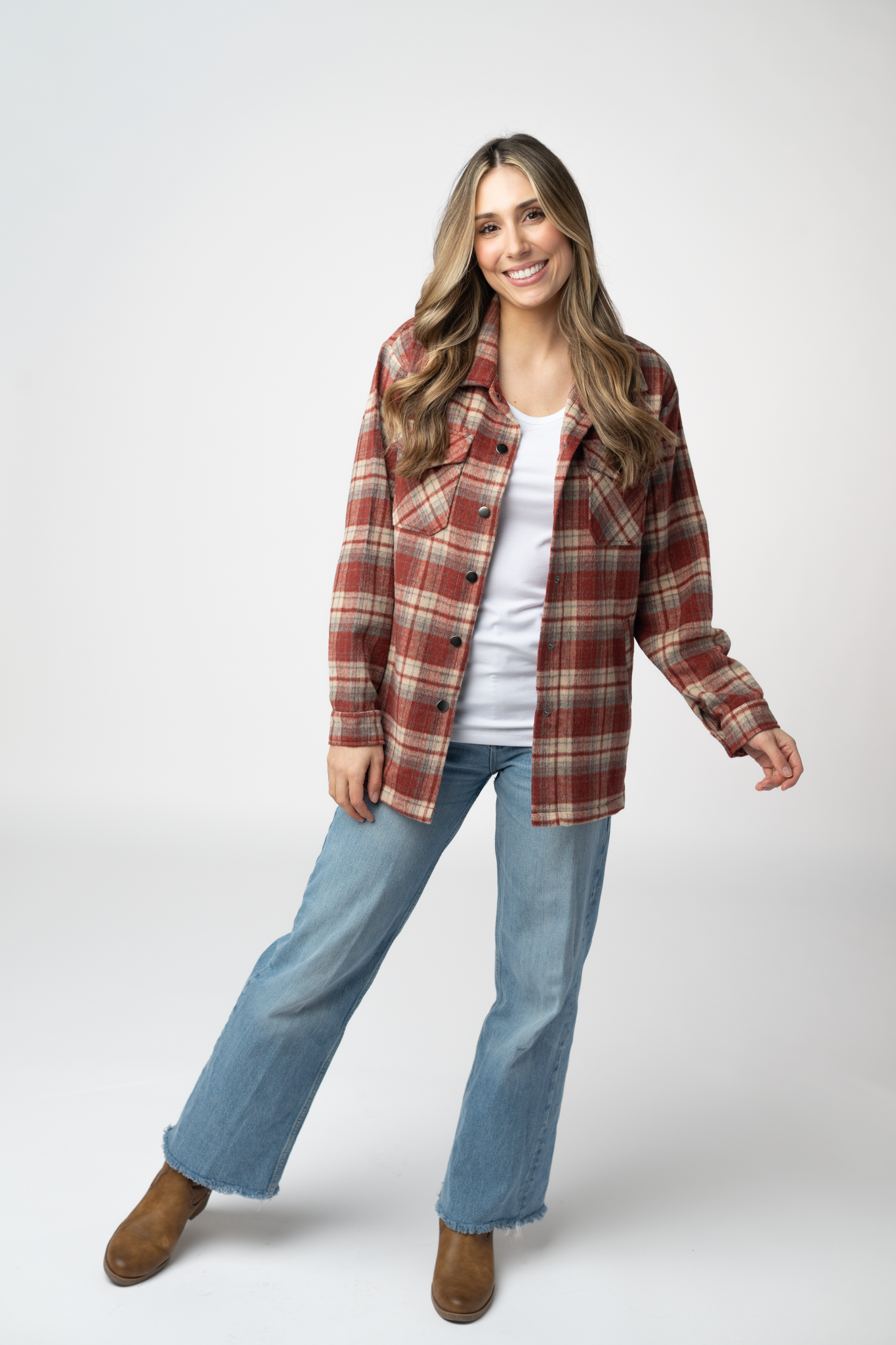 08.21 EN ROUTE Norah Shacket - Brick Plaid-shacket-Dear Me Southern Boutique, located in DeRidder, Louisiana