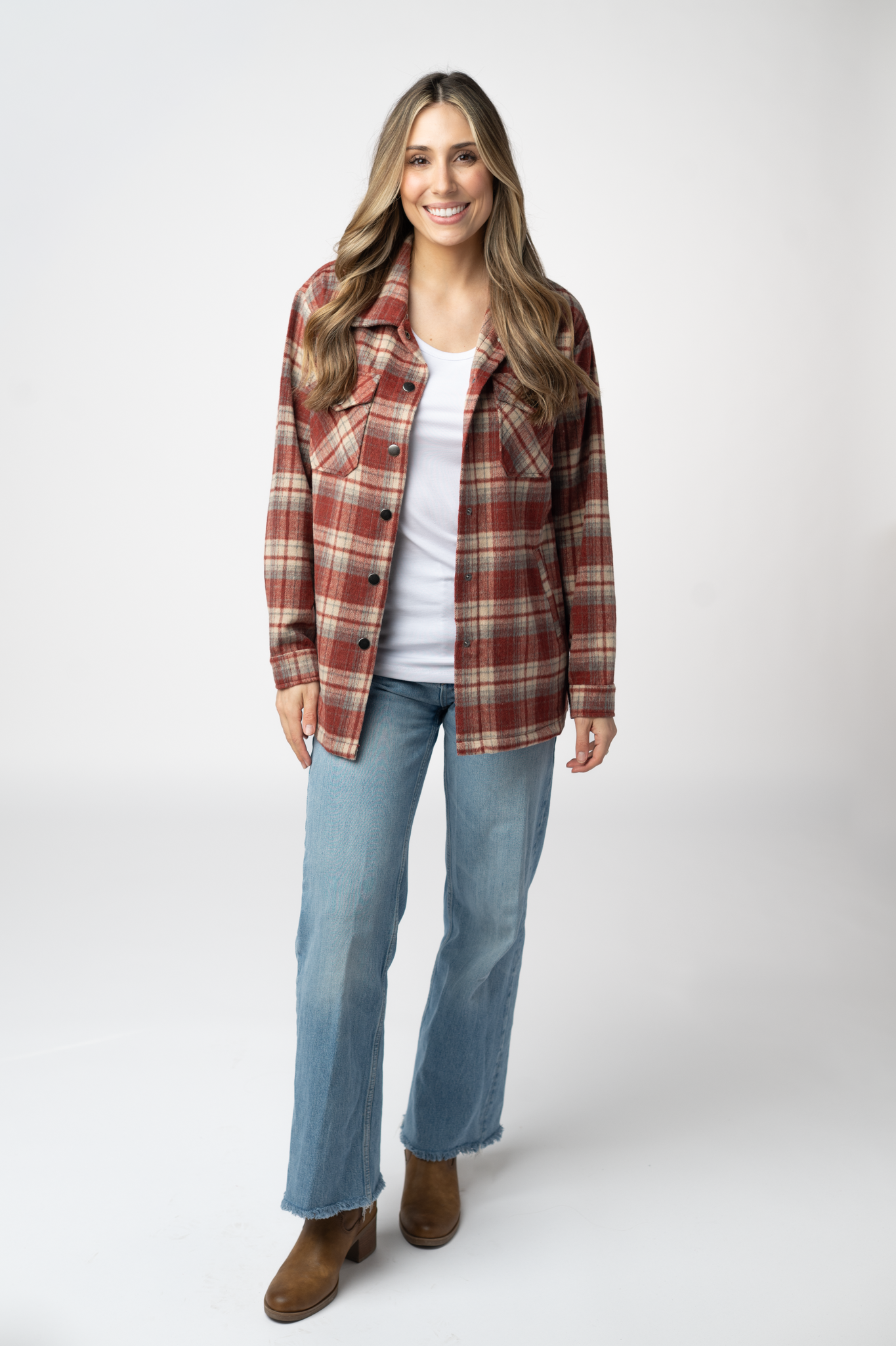 08.21 EN ROUTE Norah Shacket - Brick Plaid-shacket-Dear Me Southern Boutique, located in DeRidder, Louisiana