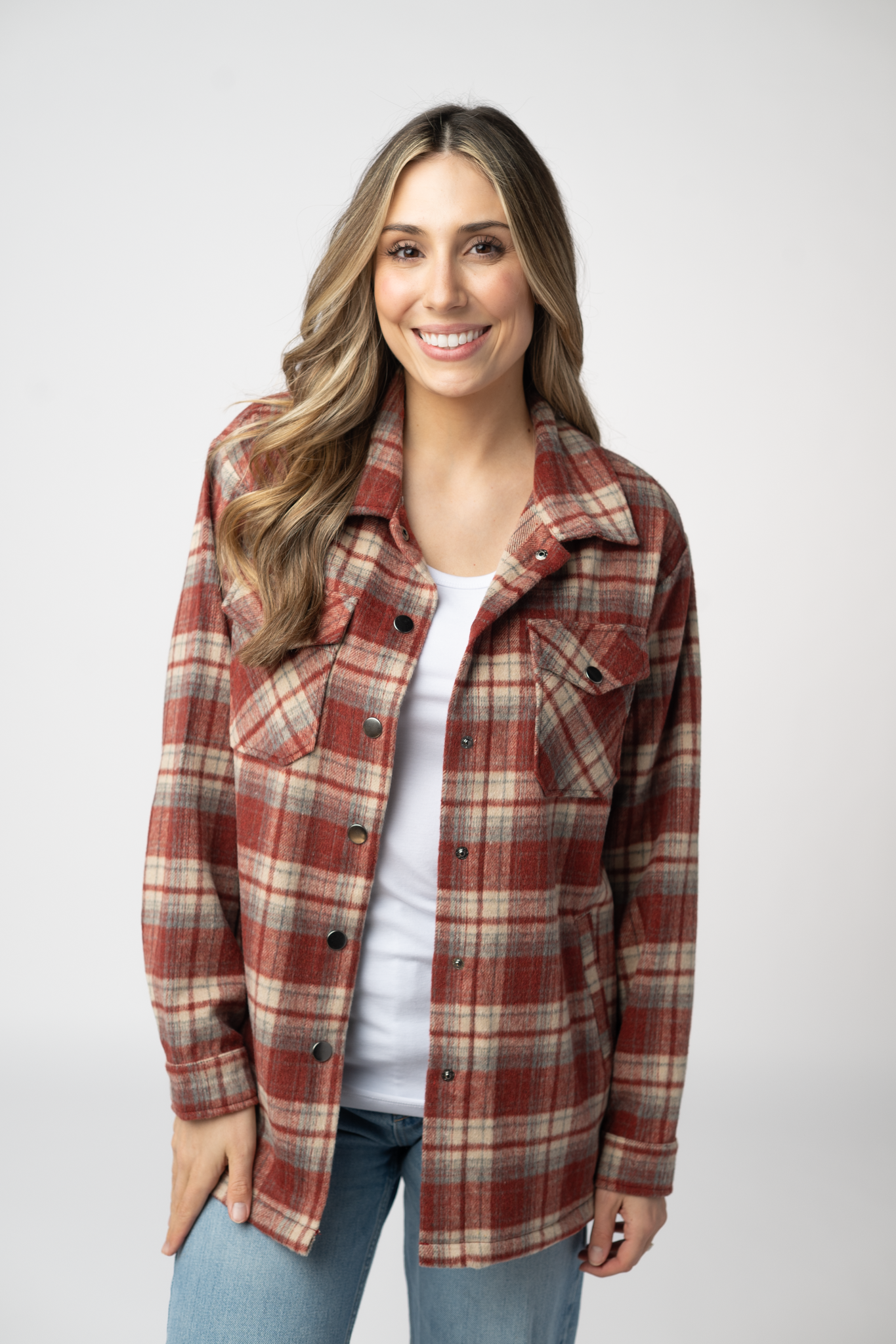 08.21 EN ROUTE Norah Shacket - Brick Plaid-shacket-Dear Me Southern Boutique, located in DeRidder, Louisiana