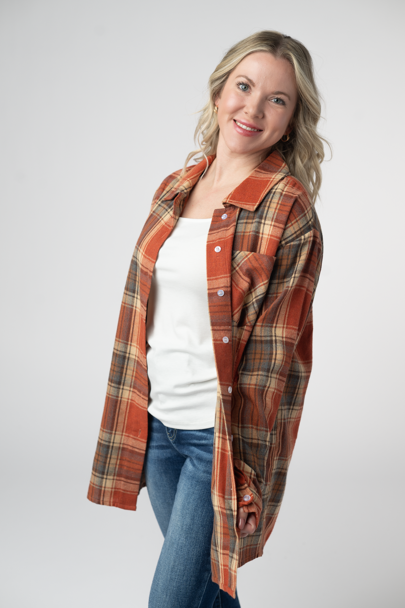 08.21 EN ROUTE Tunic Plaid Top - Pumpkin Plaid-Tops-Dear Me Southern Boutique, located in DeRidder, Louisiana