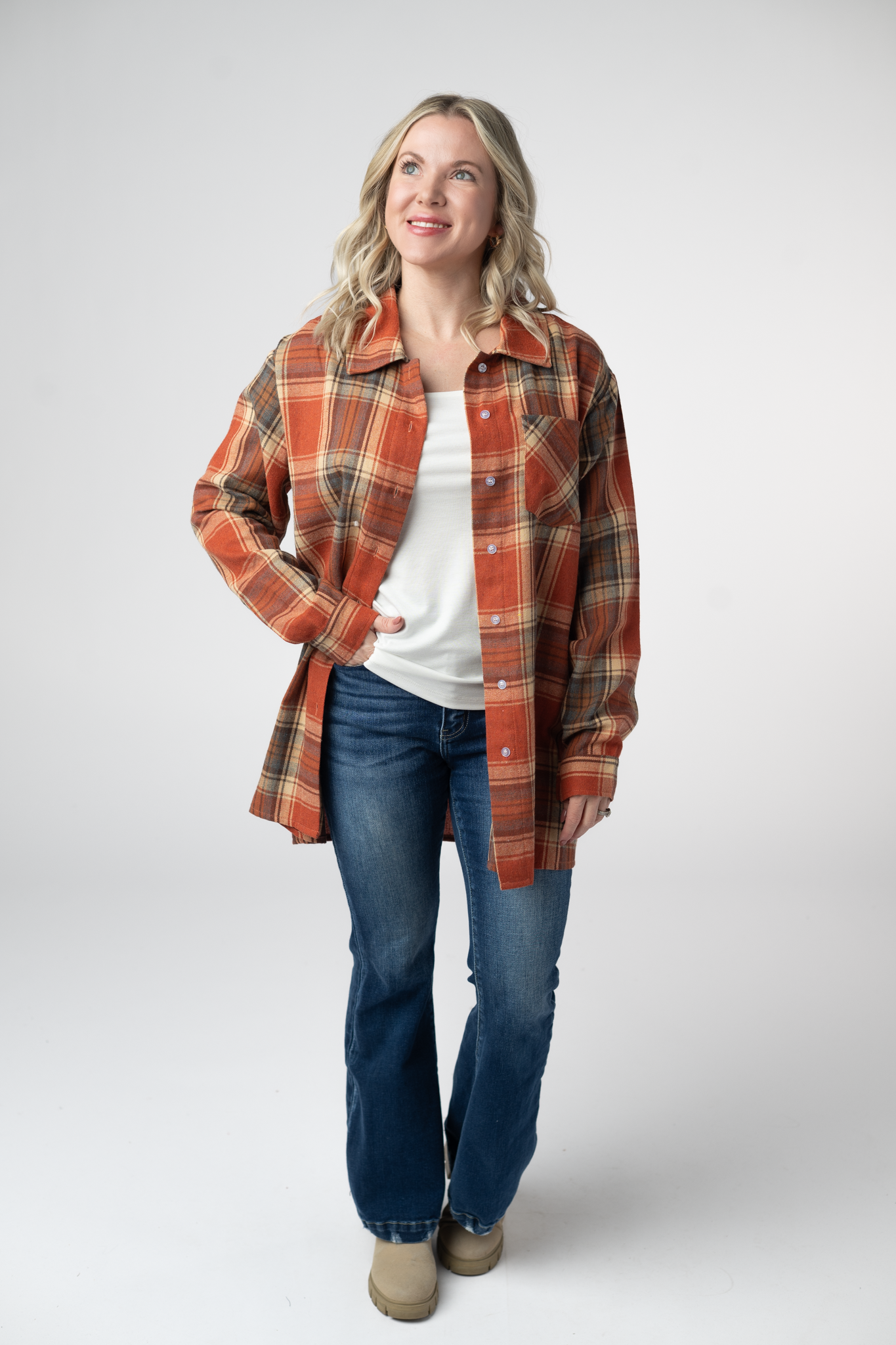 08.21 EN ROUTE Tunic Plaid Top - Pumpkin Plaid-Tops-Dear Me Southern Boutique, located in DeRidder, Louisiana