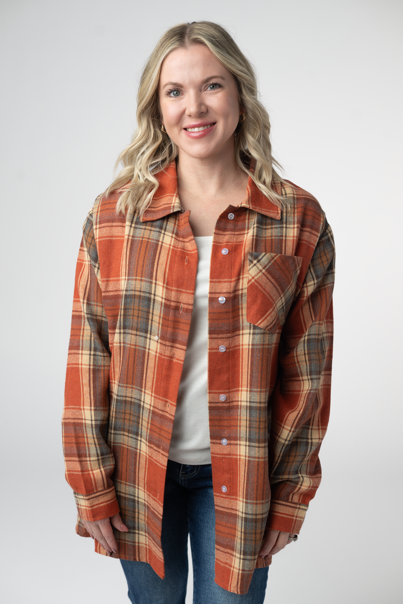 08.21 EN ROUTE Tunic Plaid Top - Pumpkin Plaid-Tops-Dear Me Southern Boutique, located in DeRidder, Louisiana