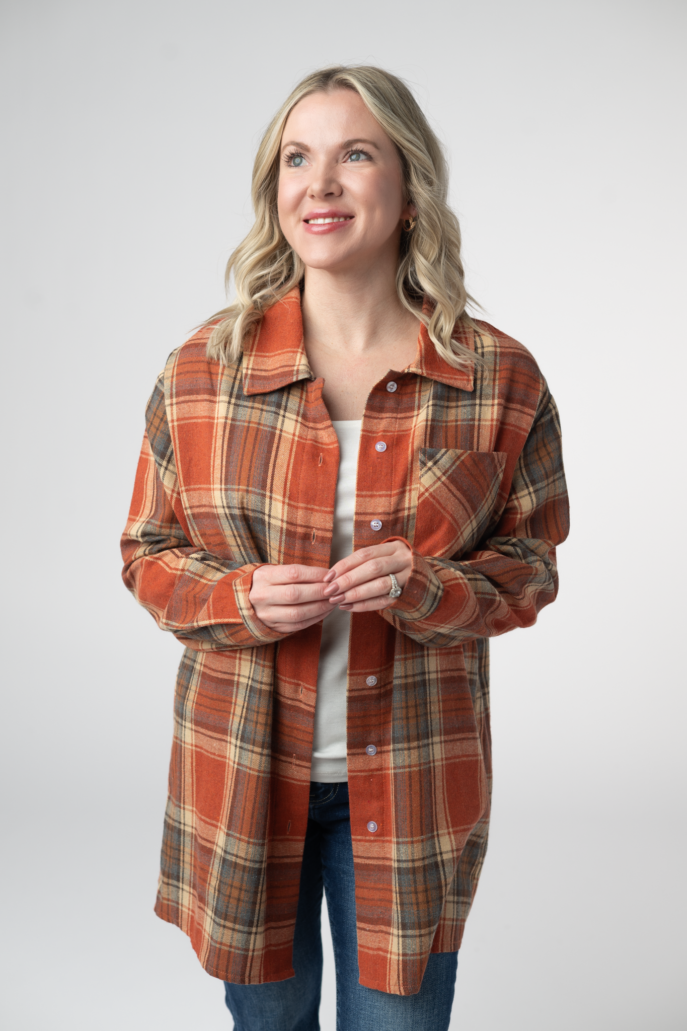 08.21 EN ROUTE Tunic Plaid Top - Pumpkin Plaid-Tops-Dear Me Southern Boutique, located in DeRidder, Louisiana