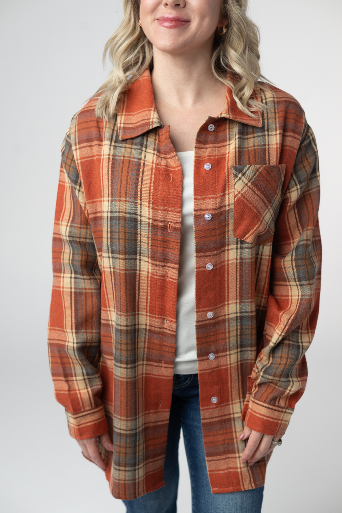 08.21 EN ROUTE Tunic Plaid Top - Pumpkin Plaid-Tops-Dear Me Southern Boutique, located in DeRidder, Louisiana