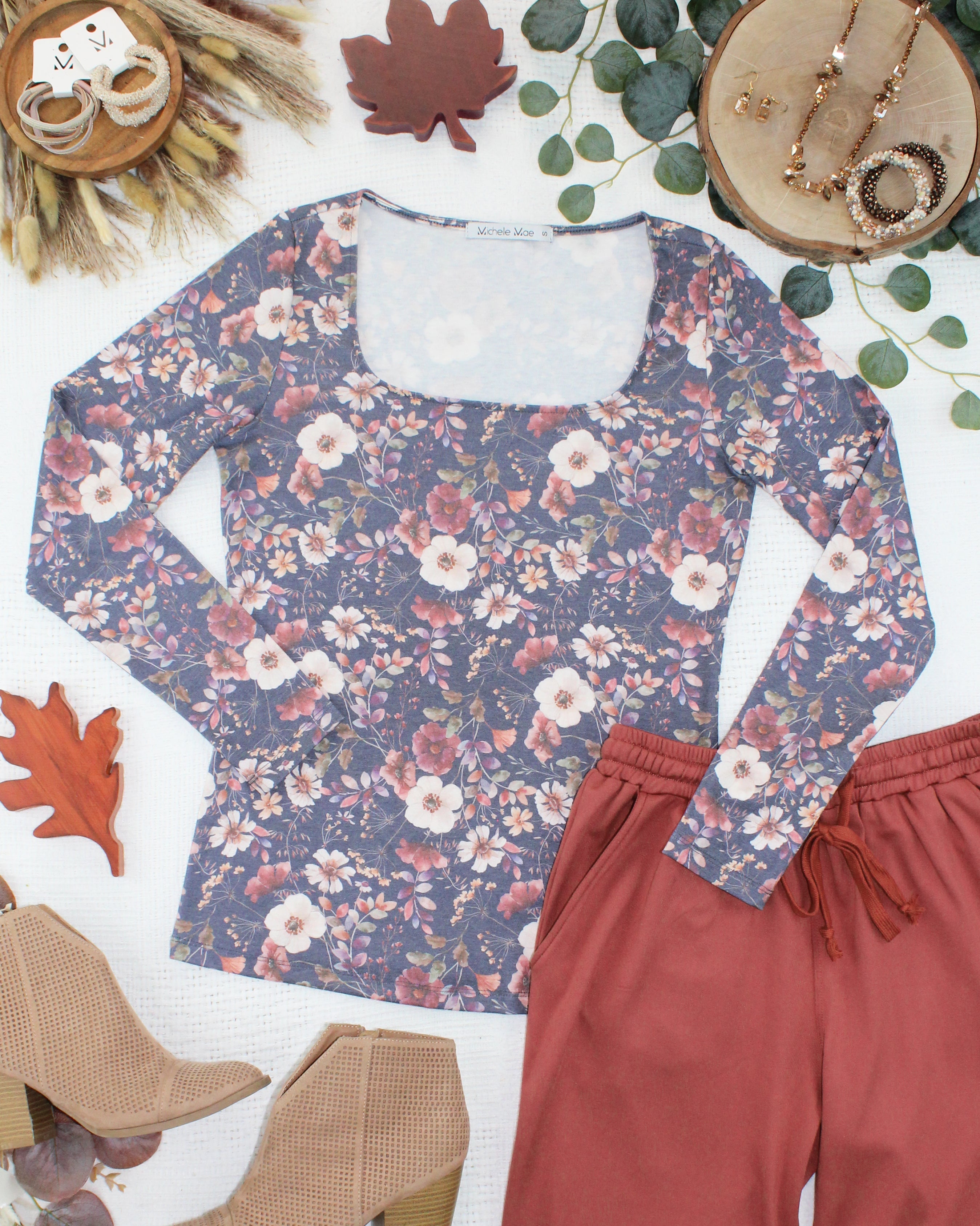 09.02 EN ROUTE Alyssa Long Sleeve Top - Blushwood Floral-Tops-Dear Me Southern Boutique, located in DeRidder, Louisiana