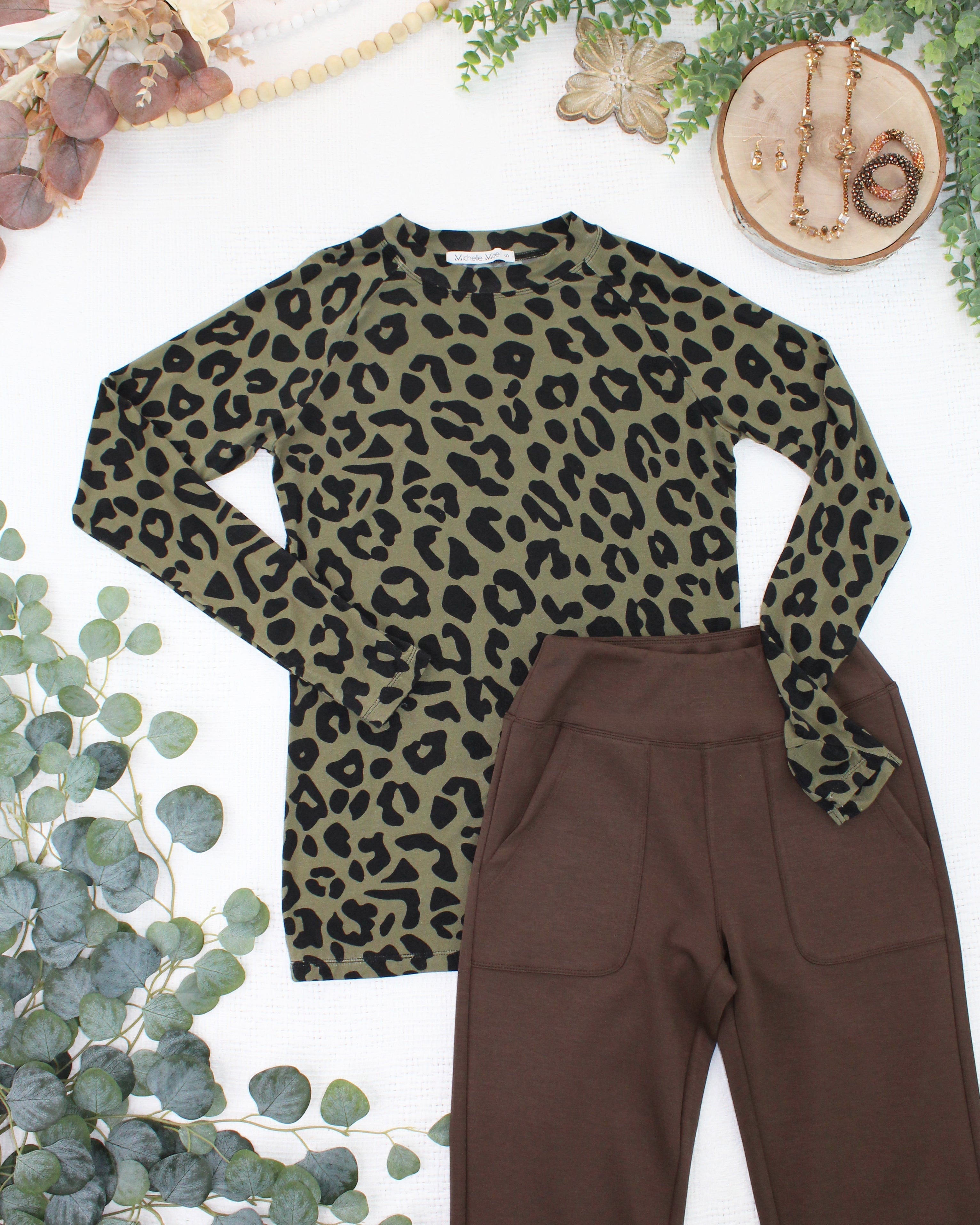 09.02 EN ROUTE Blair Long Sleeve Top - Olive Animal Print-Tops-Dear Me Southern Boutique, located in DeRidder, Louisiana