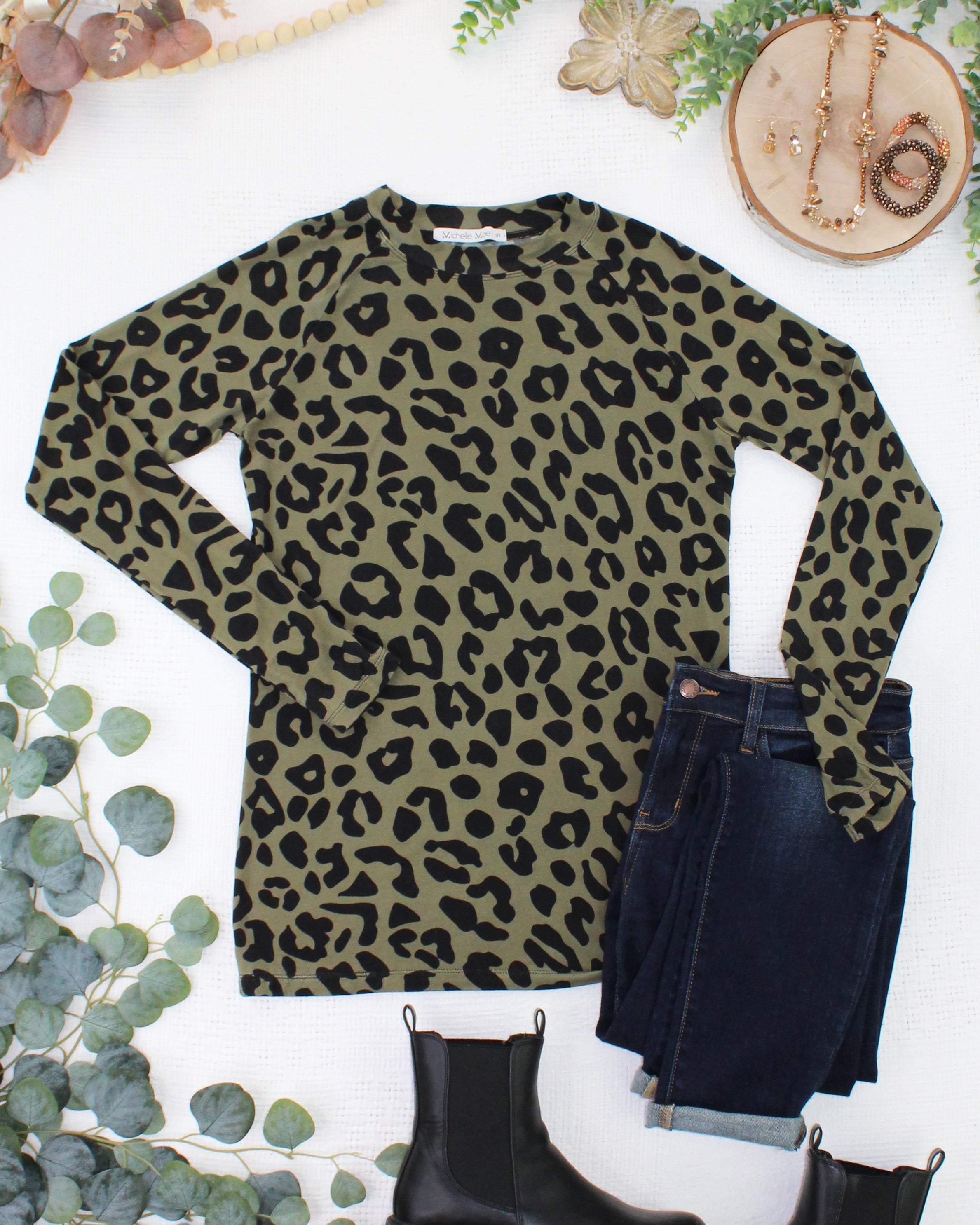 09.02 EN ROUTE Blair Long Sleeve Top - Olive Animal Print-Tops-Dear Me Southern Boutique, located in DeRidder, Louisiana