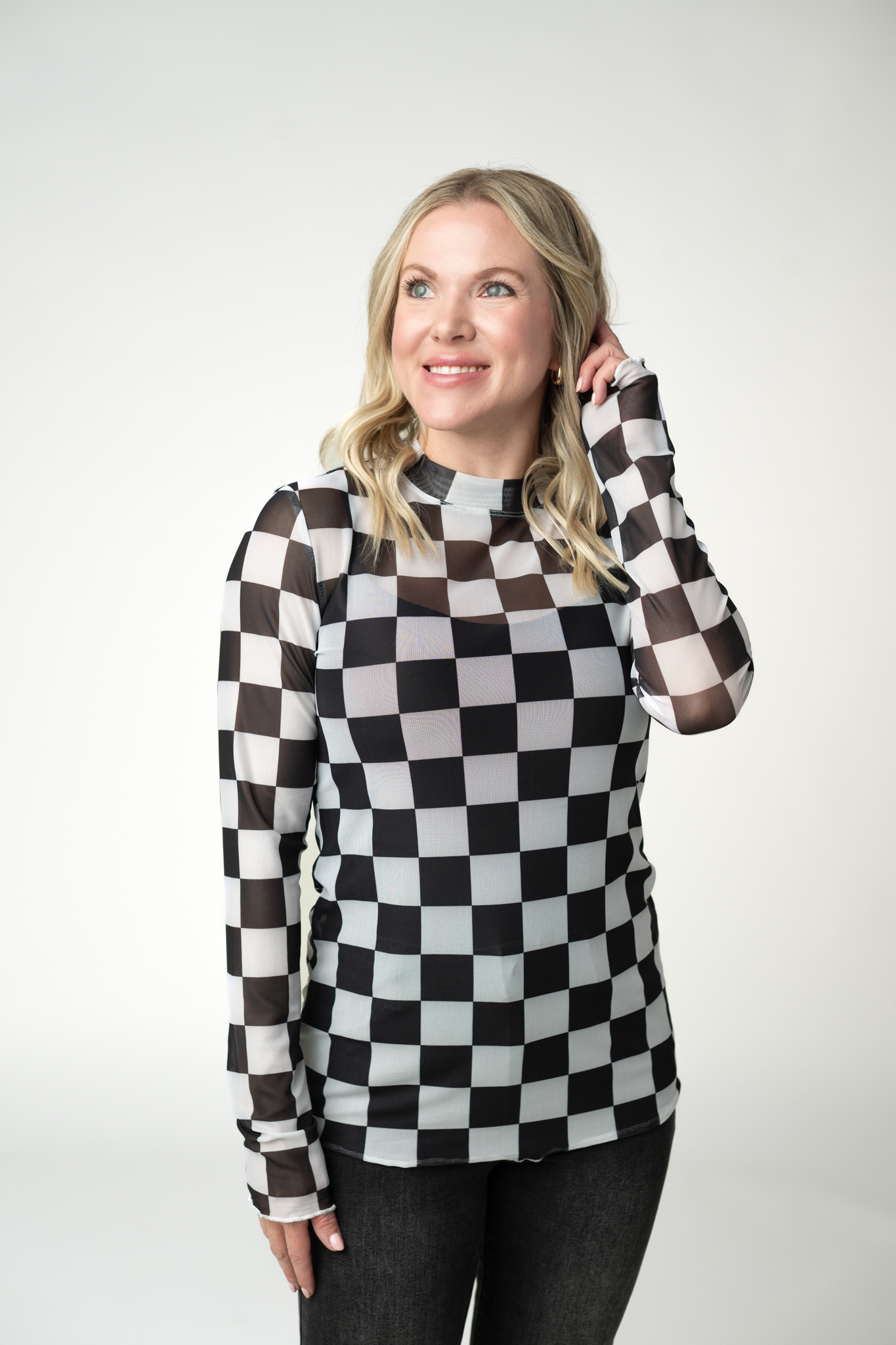 09.02 EN ROUTE Blair Mesh Long Sleeve Top - Black and White Checkers-Tops-Dear Me Southern Boutique, located in DeRidder, Louisiana