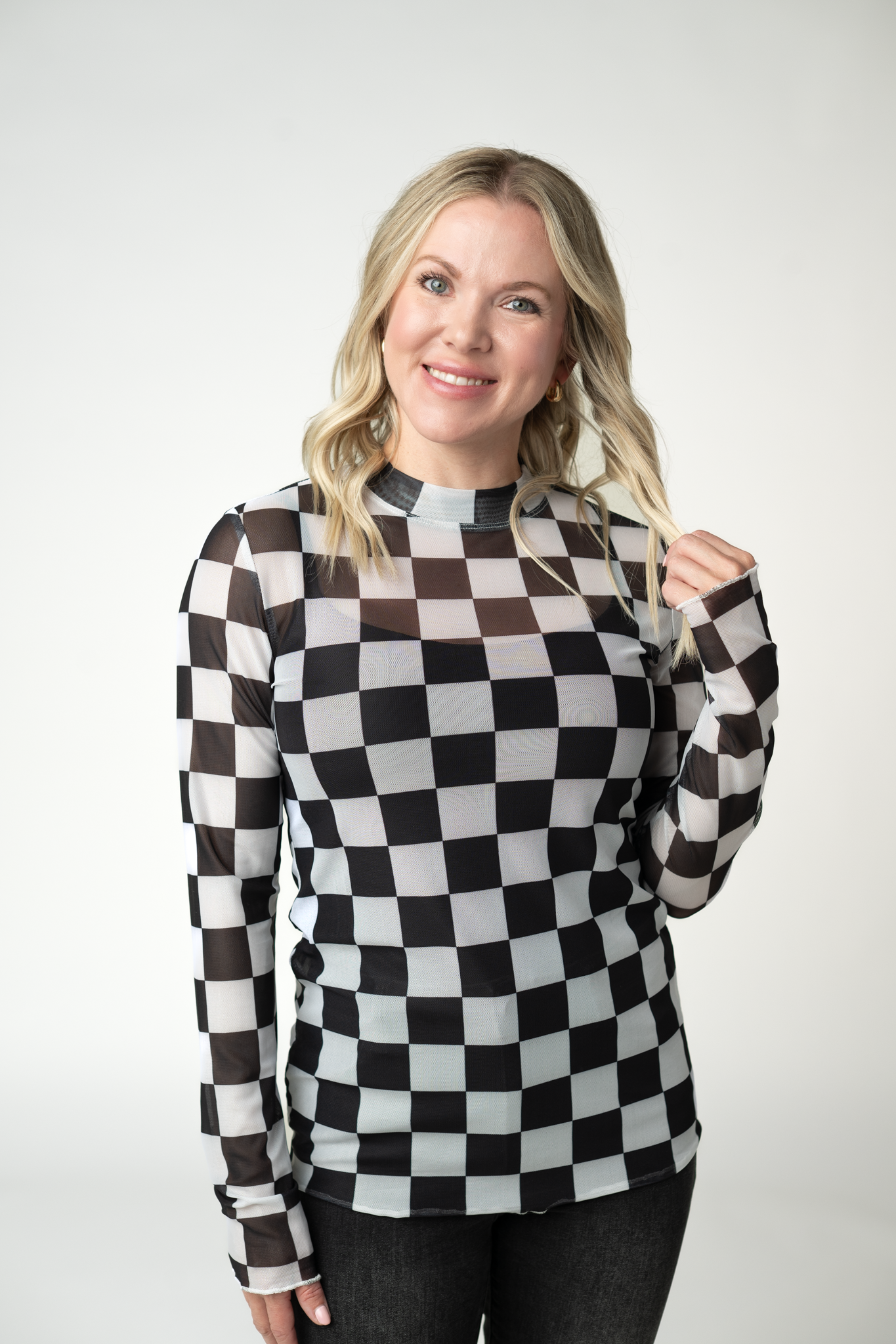 09.02 EN ROUTE Blair Mesh Long Sleeve Top - Black and White Checkers-Tops-Dear Me Southern Boutique, located in DeRidder, Louisiana