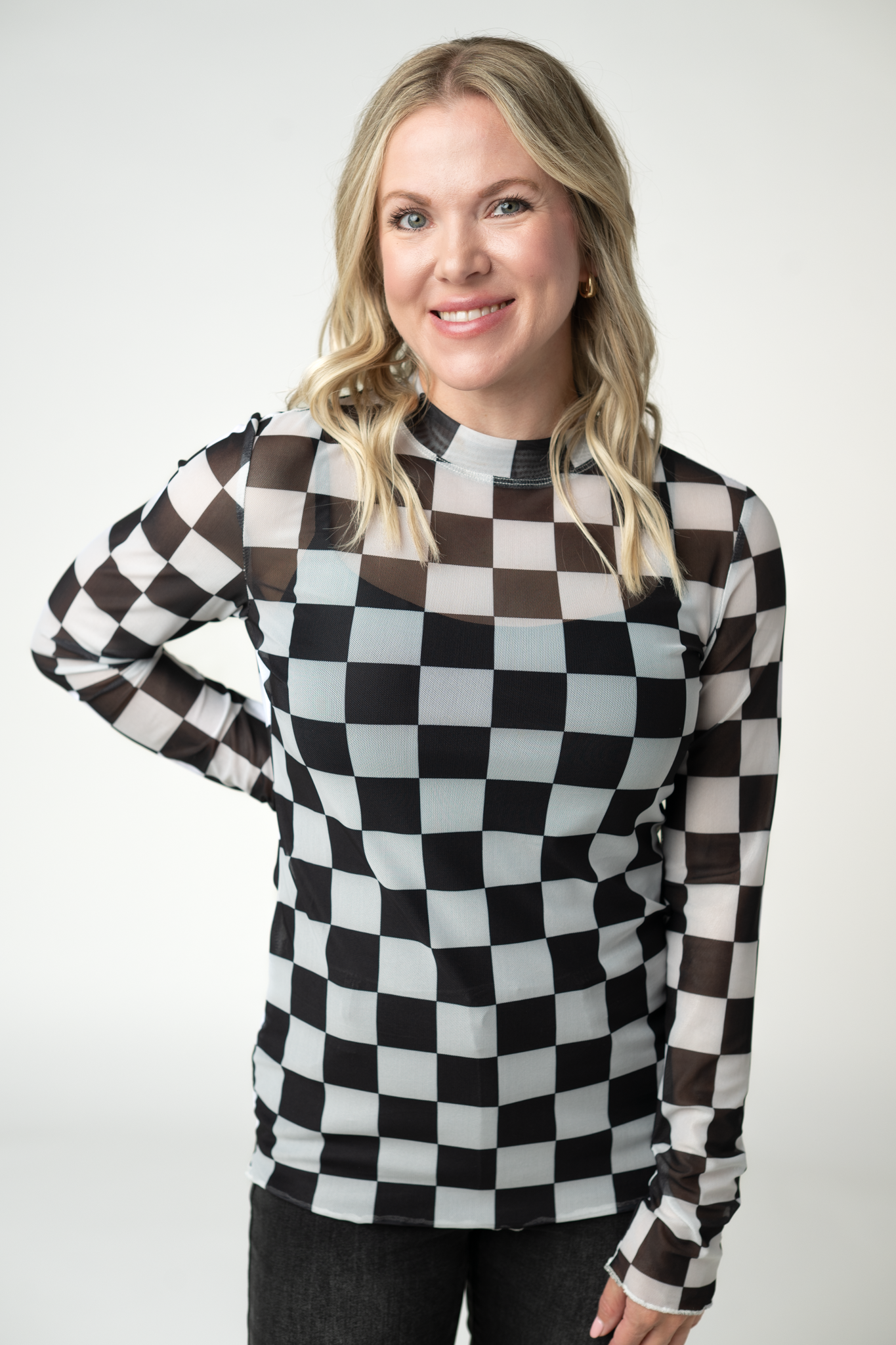 09.02 EN ROUTE Blair Mesh Long Sleeve Top - Black and White Checkers-Tops-Dear Me Southern Boutique, located in DeRidder, Louisiana