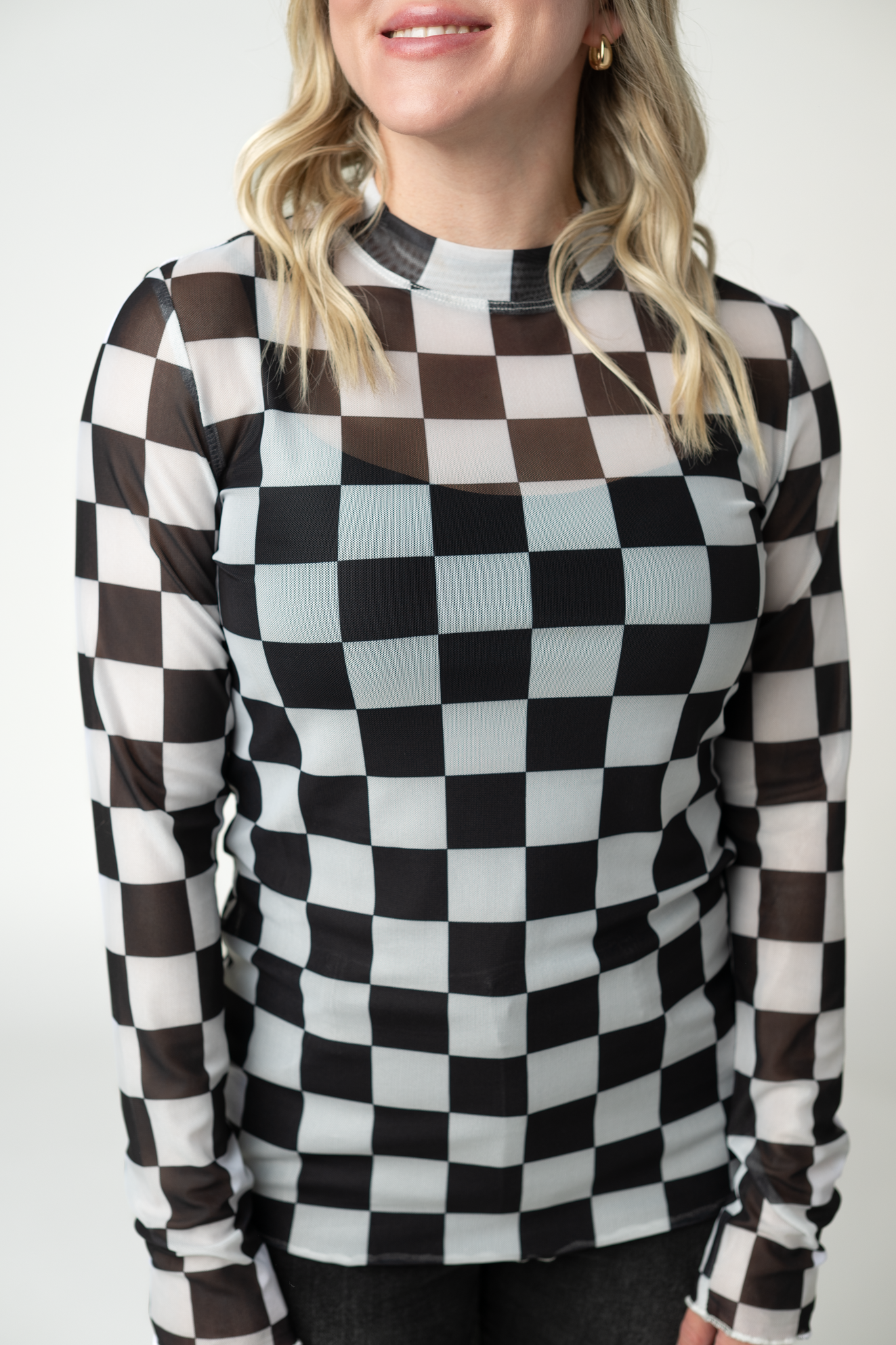09.02 EN ROUTE Blair Mesh Long Sleeve Top - Black and White Checkers-Tops-Dear Me Southern Boutique, located in DeRidder, Louisiana