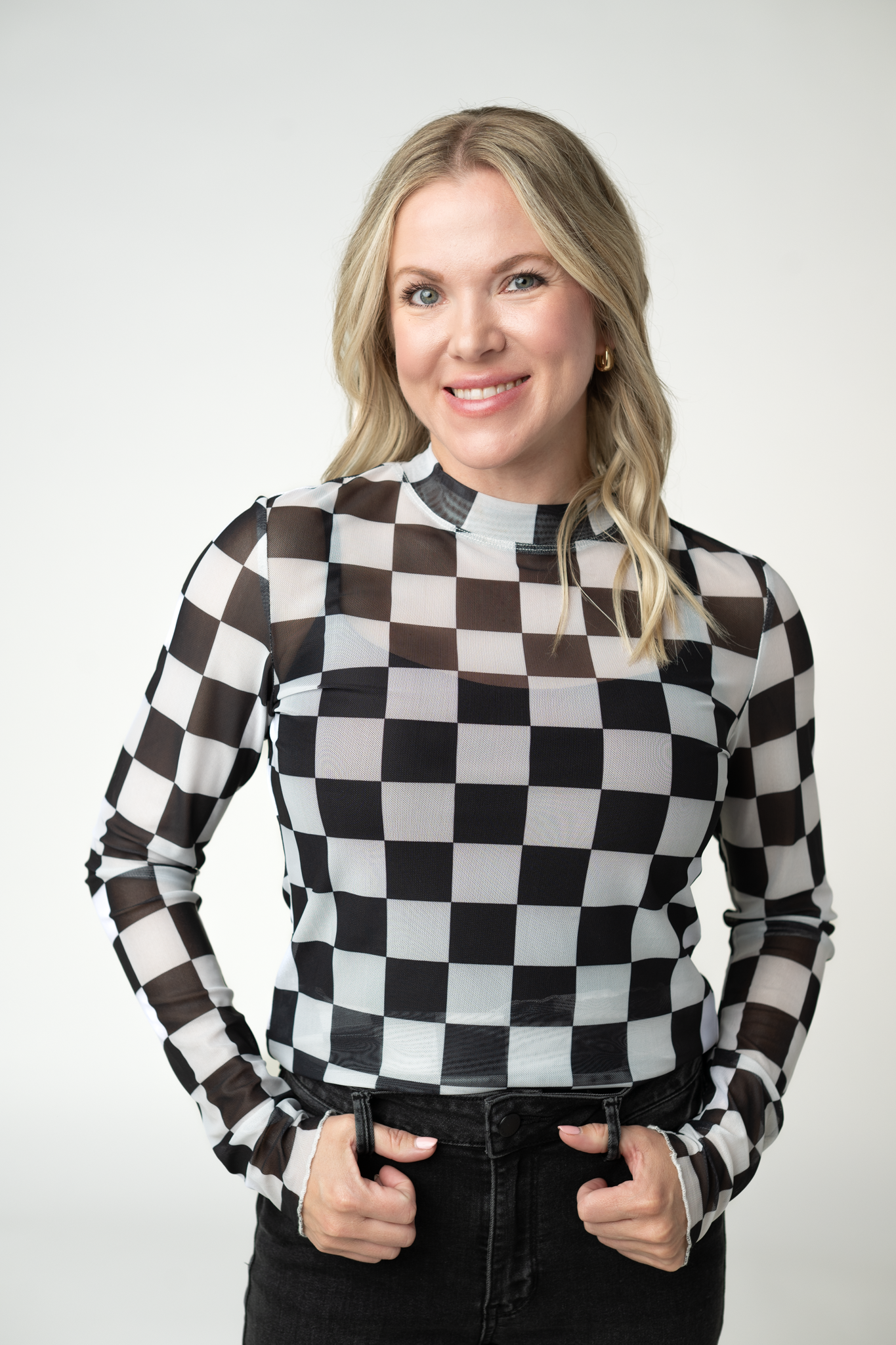 09.02 EN ROUTE Blair Mesh Long Sleeve Top - Black and White Checkers-Tops-Dear Me Southern Boutique, located in DeRidder, Louisiana