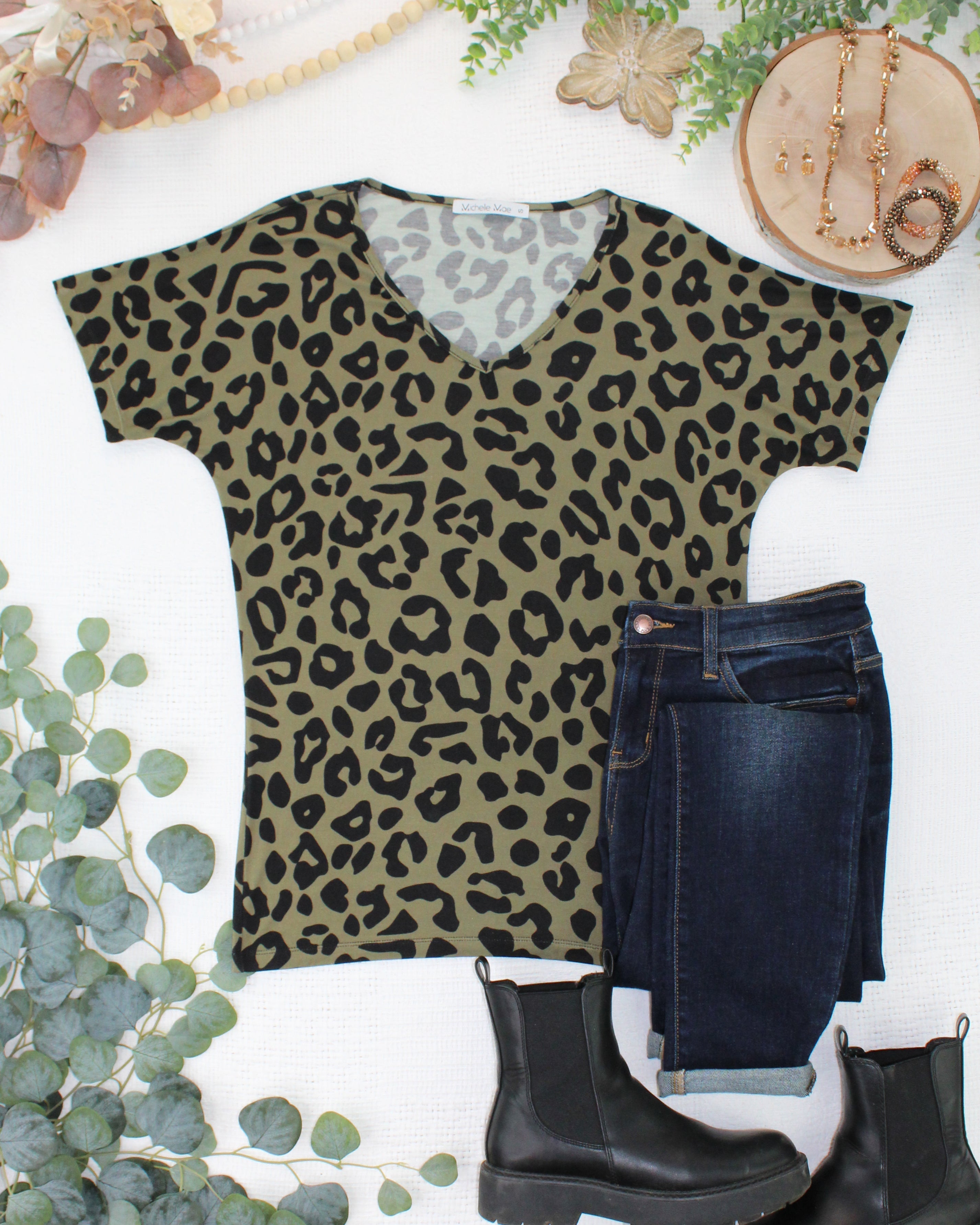 09.02 EN ROUTE Chloe Cozy Top - Olive Animal Print-Tops-Dear Me Southern Boutique, located in DeRidder, Louisiana