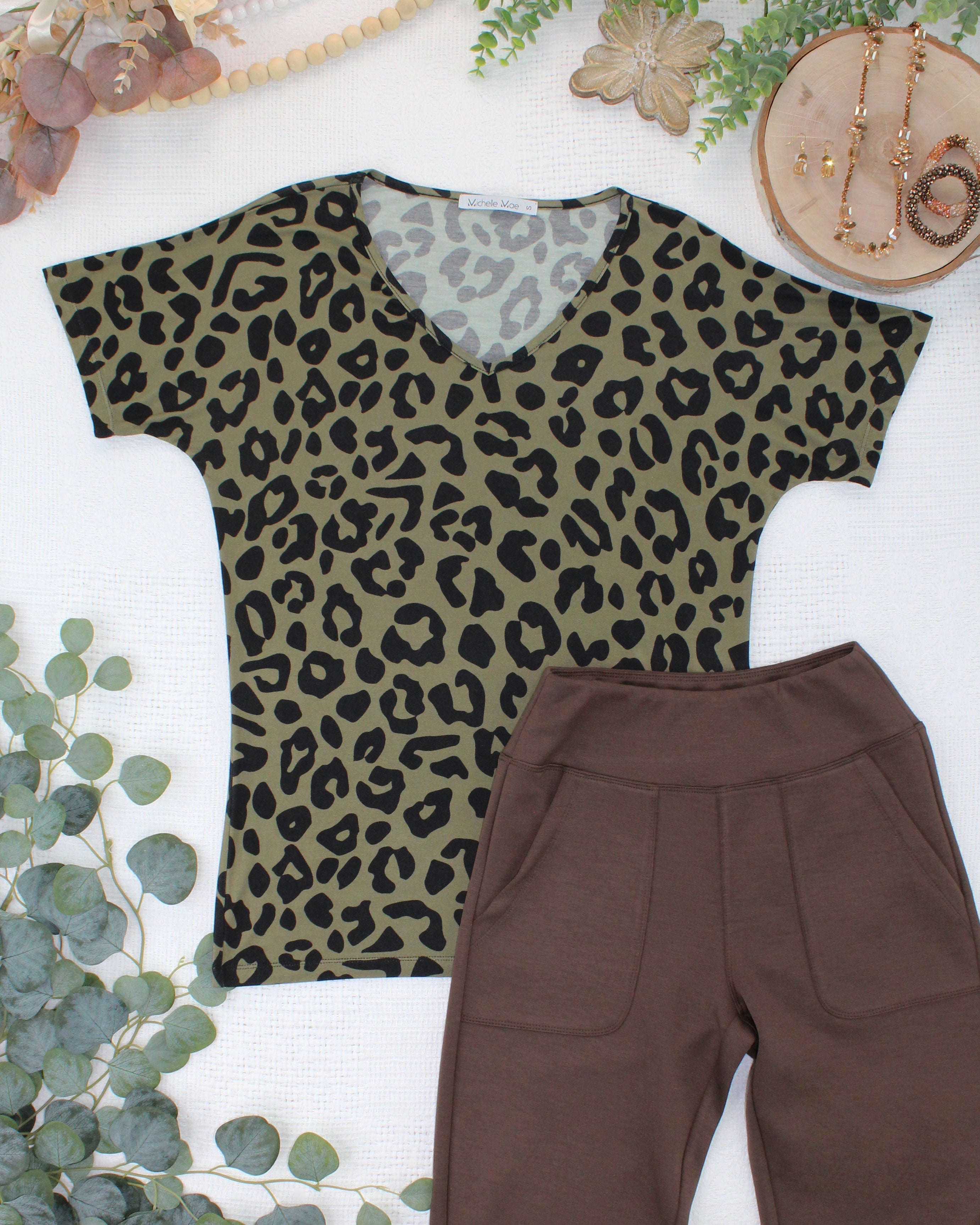 09.02 EN ROUTE Chloe Cozy Top - Olive Animal Print-Tops-Dear Me Southern Boutique, located in DeRidder, Louisiana