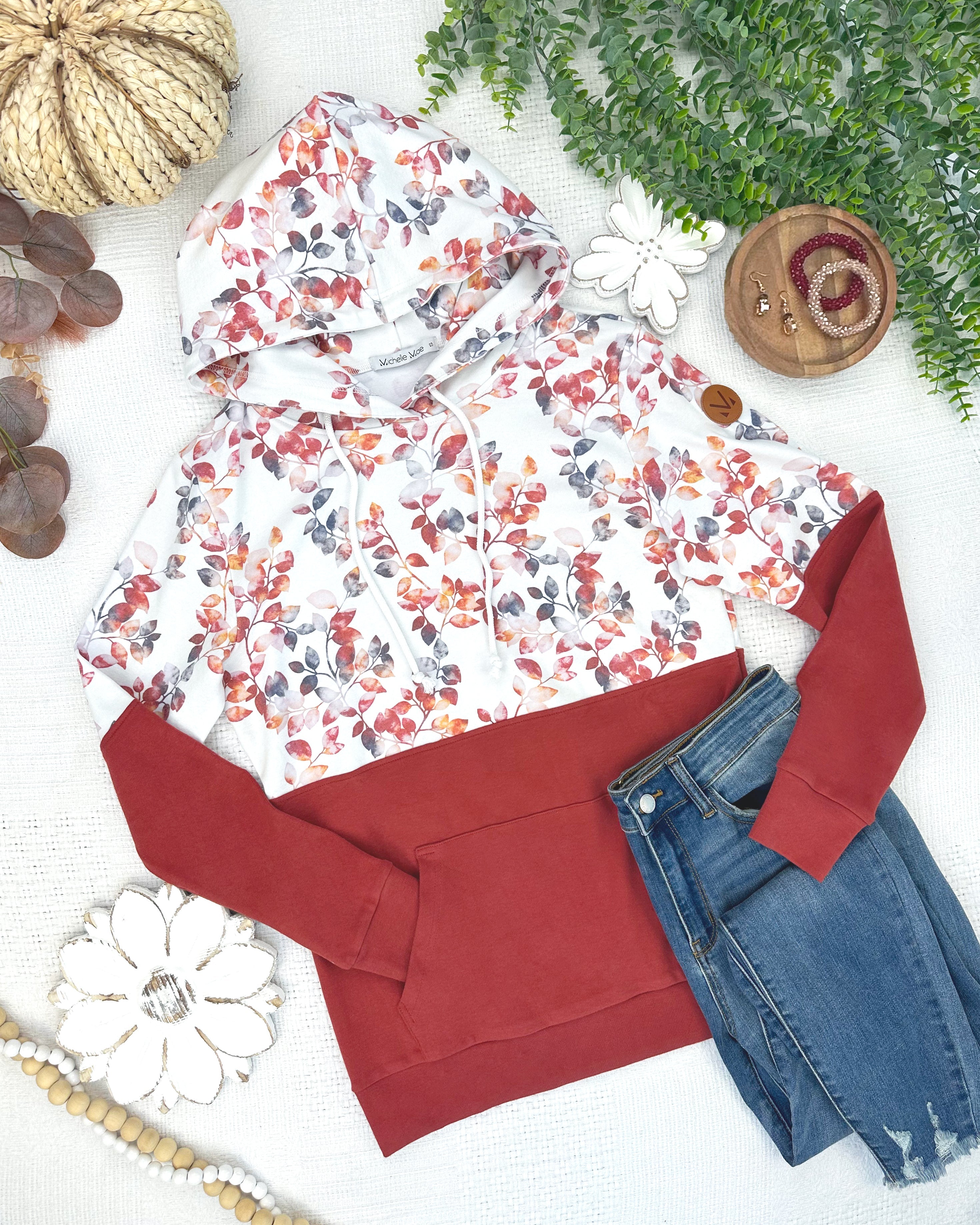 09.02 EN ROUTE Hailey Pullover Hoodie - Autumn Watercolor and Brick-Hoodie-Dear Me Southern Boutique, located in DeRidder, Louisiana
