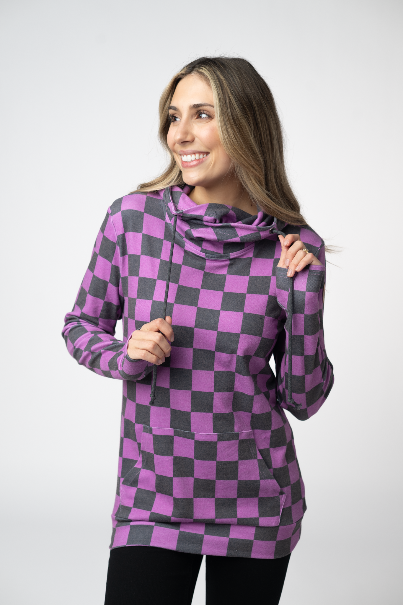 09.09 EN ROUTE Ashley Hoodie - Black and Purple Checkers-clothing-Dear Me Southern Boutique, located in DeRidder, Louisiana