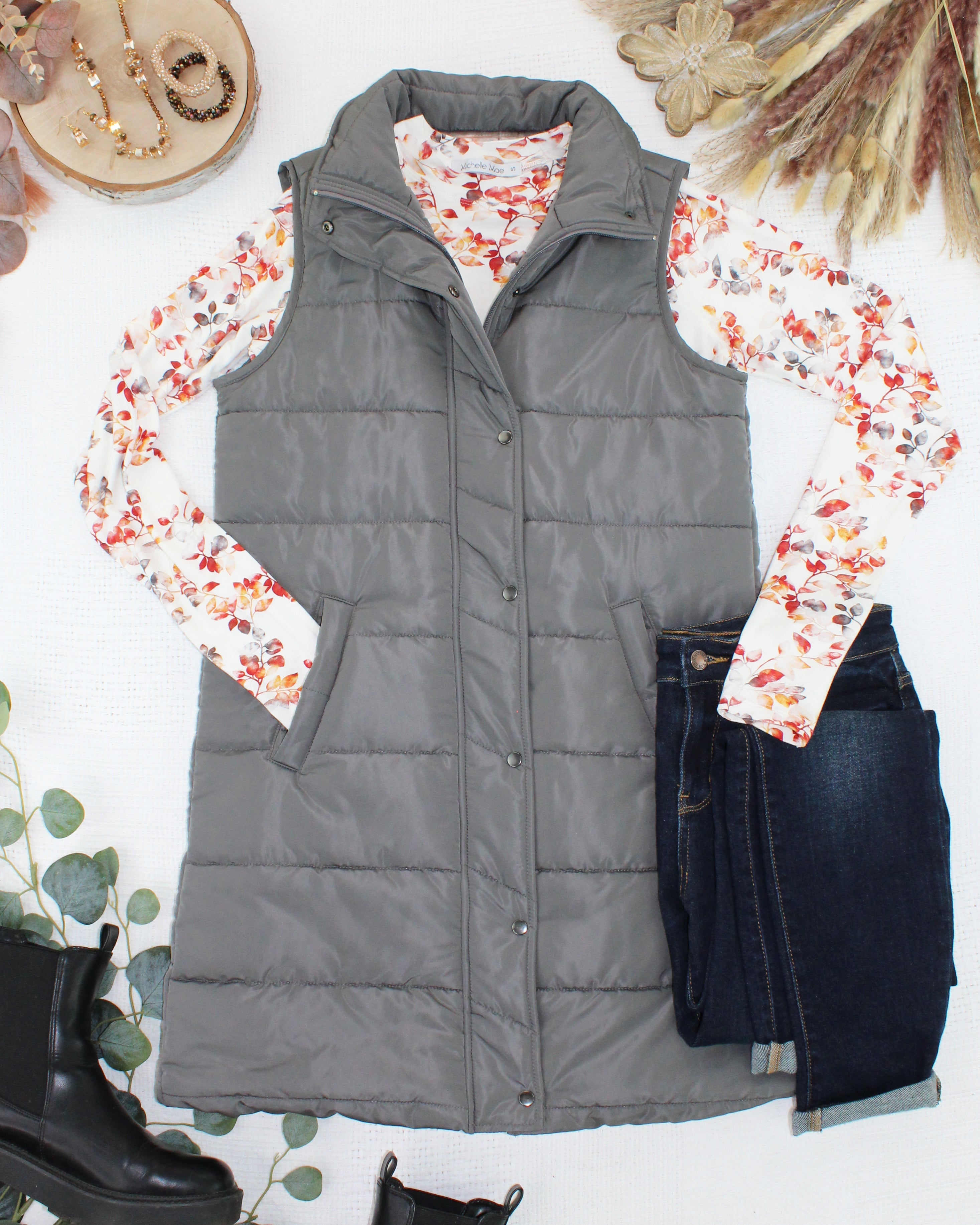 09.09 EN ROUTE Harlow Long Vest - Grey-clothing-Dear Me Southern Boutique, located in DeRidder, Louisiana