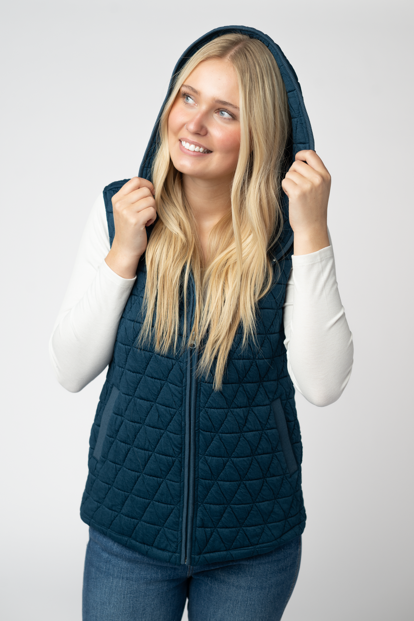 09.09 EN ROUTE Heather Geometric Hooded Vest - Teal-Vest-Dear Me Southern Boutique, located in DeRidder, Louisiana