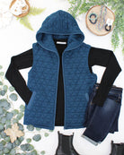 09.09 EN ROUTE Heather Geometric Hooded Vest - Teal-Vest-Dear Me Southern Boutique, located in DeRidder, Louisiana