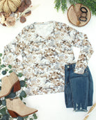 09.09 EN ROUTE Larissa Long Sleeve - Neutral Leaves-Tops-Dear Me Southern Boutique, located in DeRidder, Louisiana
