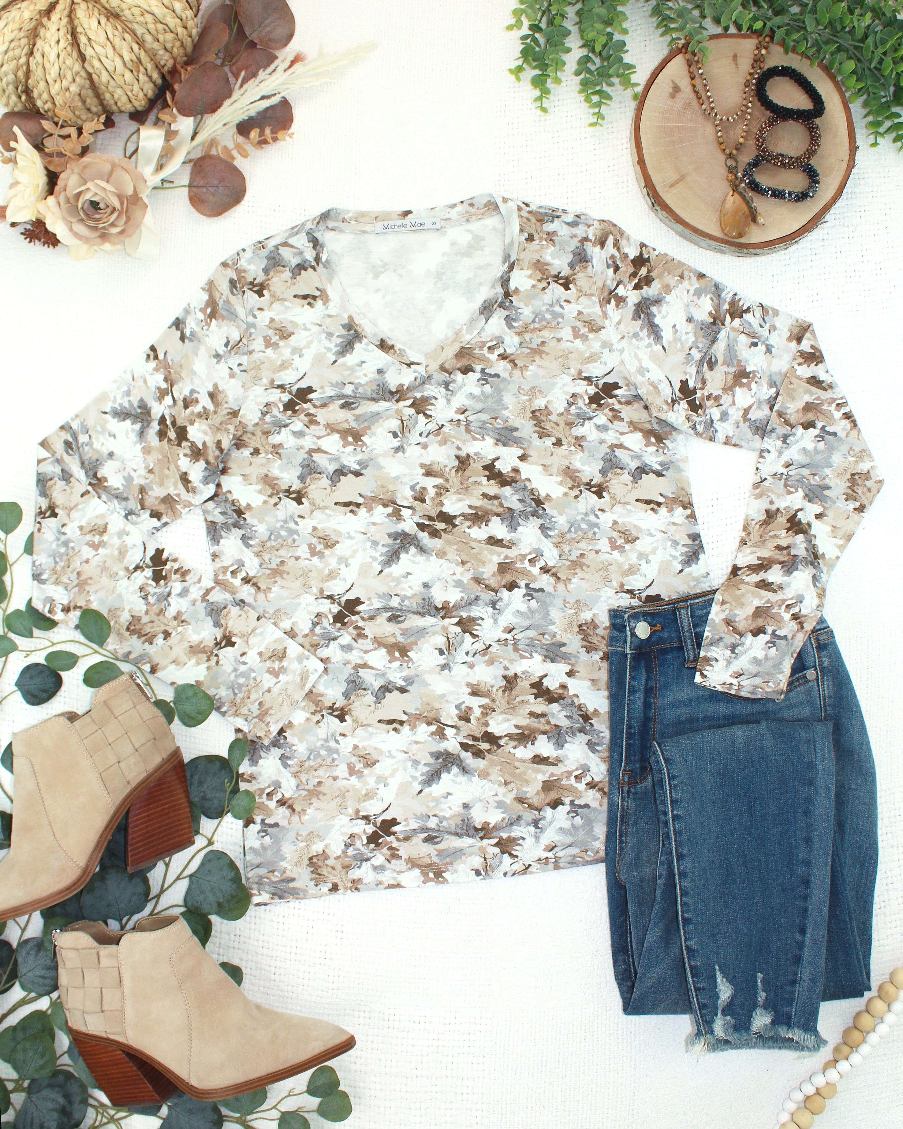 09.09 EN ROUTE Larissa Long Sleeve - Neutral Leaves-Tops-Dear Me Southern Boutique, located in DeRidder, Louisiana