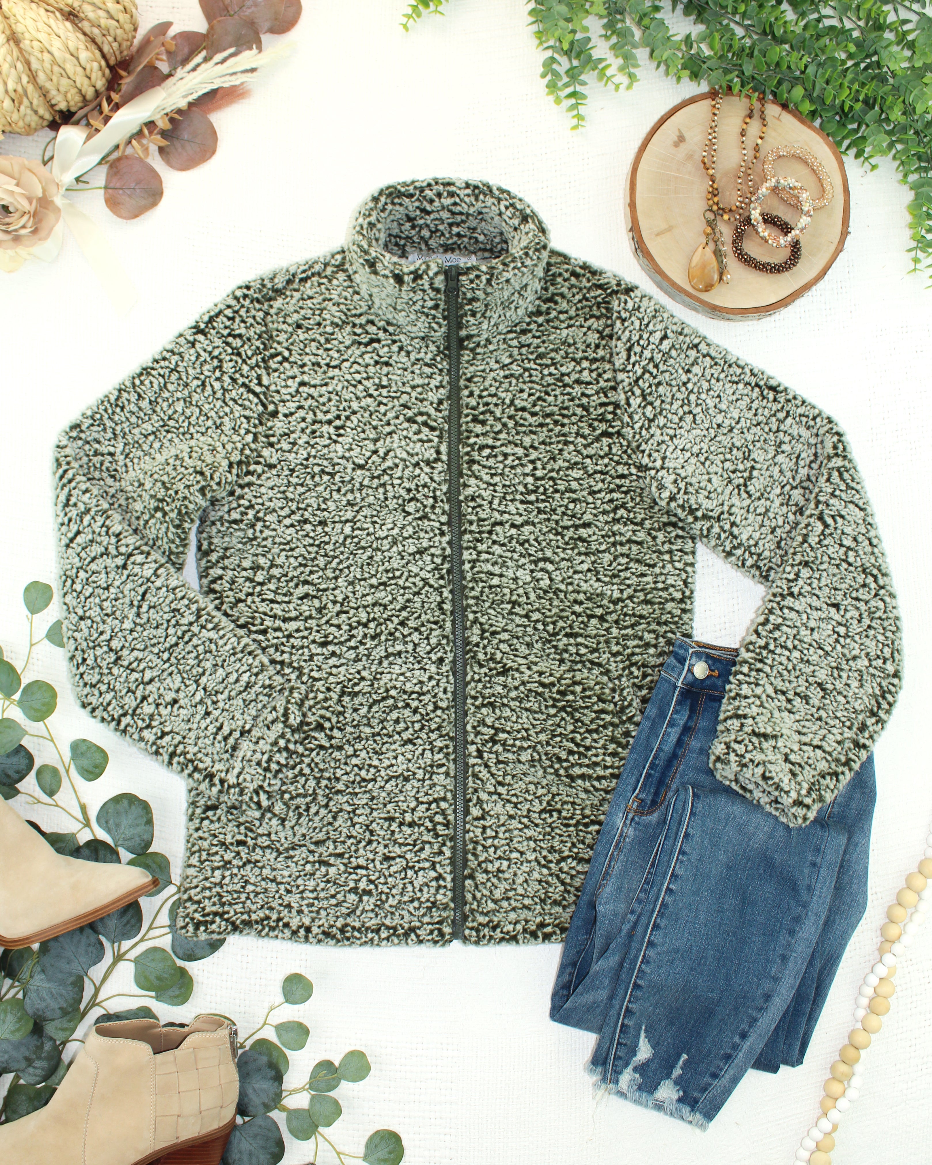 09.09 EN ROUTE Two Tone Fullzip Sherpa - Olive and White-outerwear-Dear Me Southern Boutique, located in DeRidder, Louisiana
