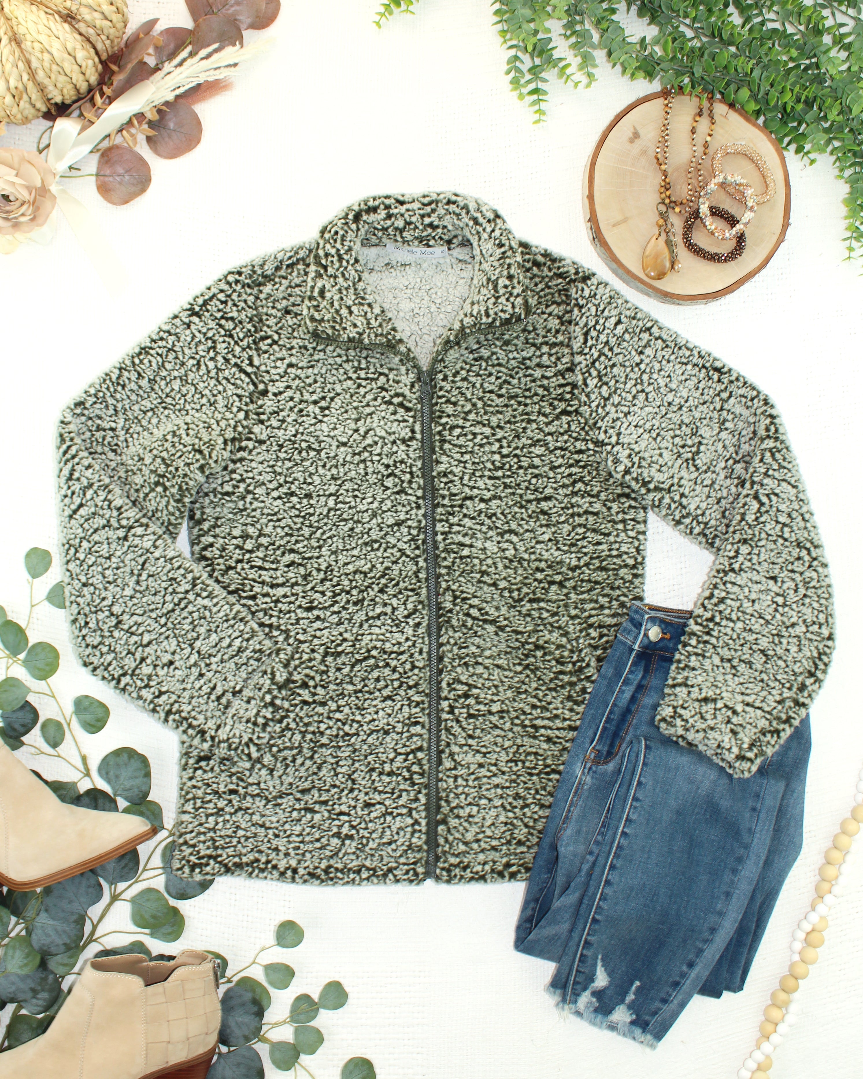 09.09 EN ROUTE Two Tone Fullzip Sherpa - Olive and White-outerwear-Dear Me Southern Boutique, located in DeRidder, Louisiana