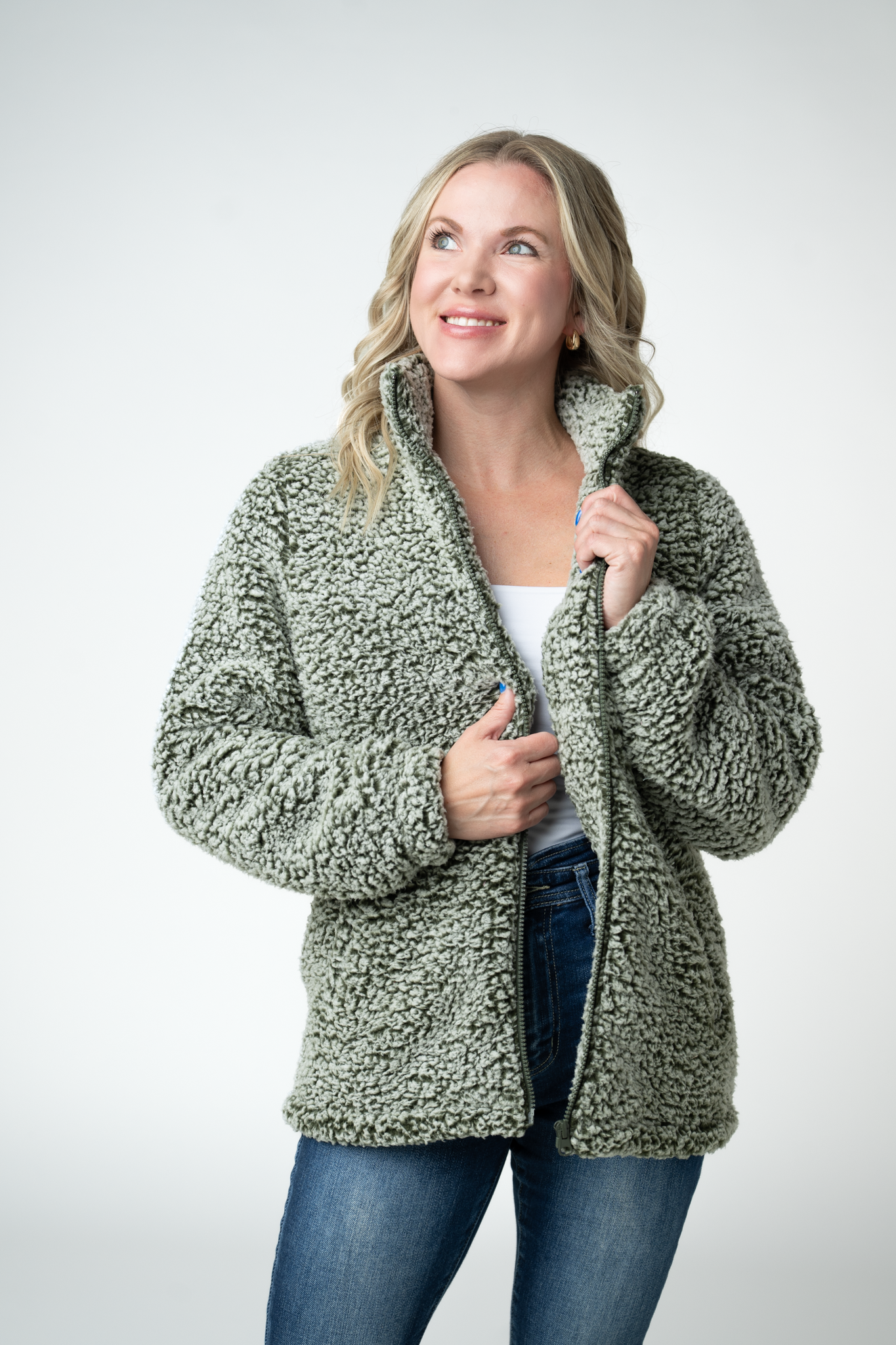 09.09 EN ROUTE Two Tone Fullzip Sherpa - Olive and White-outerwear-Dear Me Southern Boutique, located in DeRidder, Louisiana