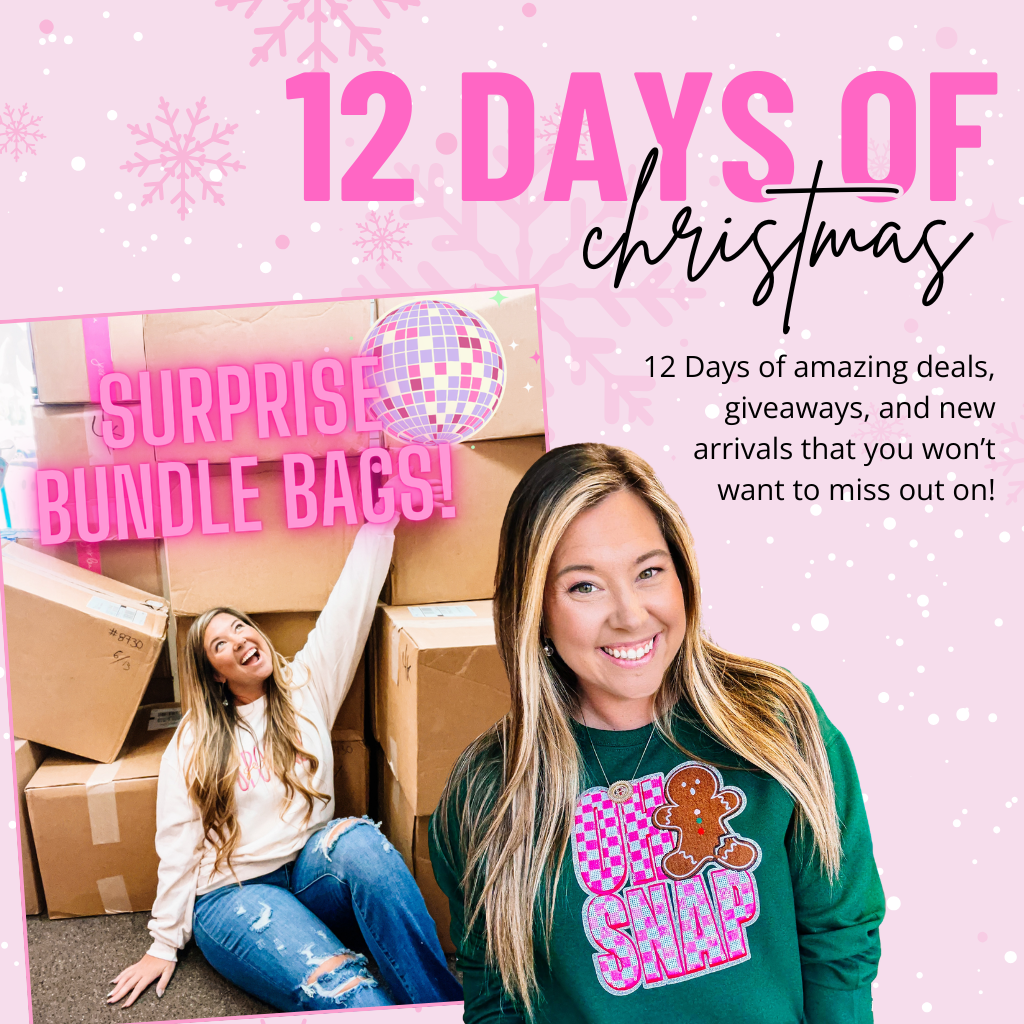 Promotional graphic for '12 Days of Christmas' with two people and text on a pink background | Dear Me Southern Boutique